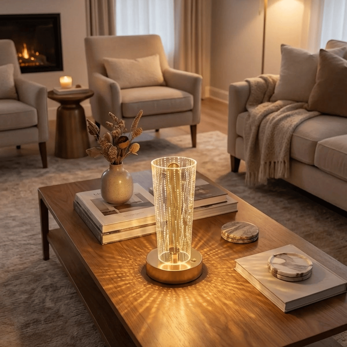 Silindirik Kristal Nokta Model Led Masa Lambası – Gold Tabanlı, Dokunmatik, 3 Renk Işık Modlu, Şarjlı Modern Dekoratif Gece Lambası Bx40
