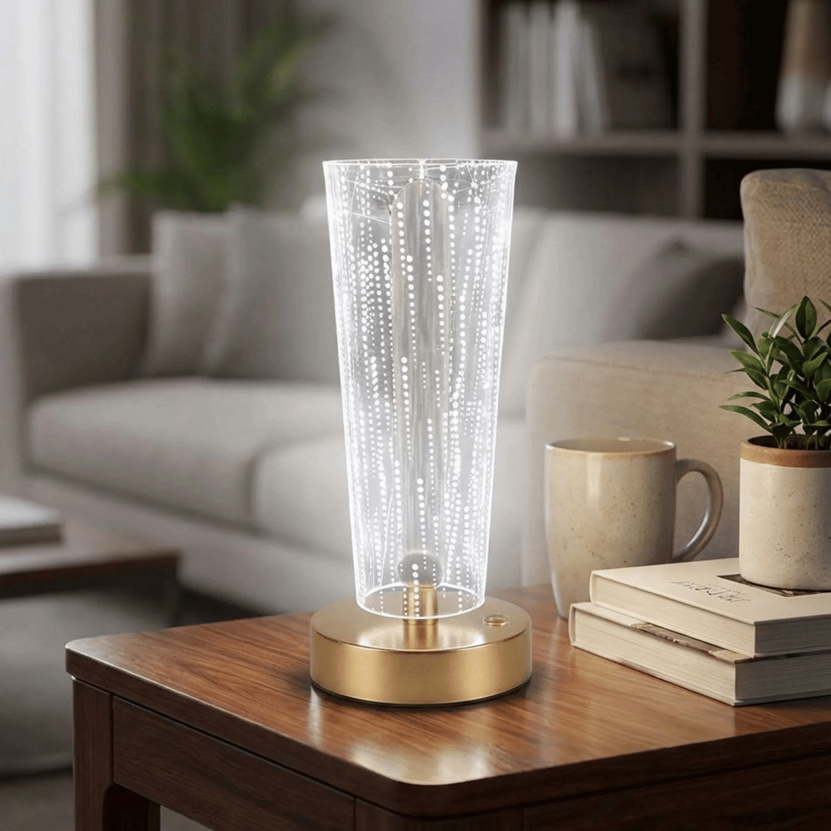Silindirik Kristal Nokta Model Led Masa Lambası – Gold Tabanlı, Dokunmatik, 3 Renk Işık Modlu, Şarjlı Modern Dekoratif Gece Lambası Bx40