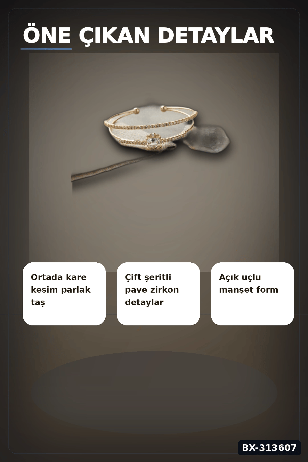 Simetrik Kare Kesim Zirkon Taşlı Pirinç Kadın Bileklik 18 cm Tekli Paket BX-313607