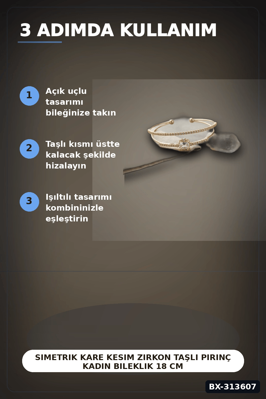 Simetrik Kare Kesim Zirkon Taşlı Pirinç Kadın Bileklik 18 cm Tekli Paket BX-313607