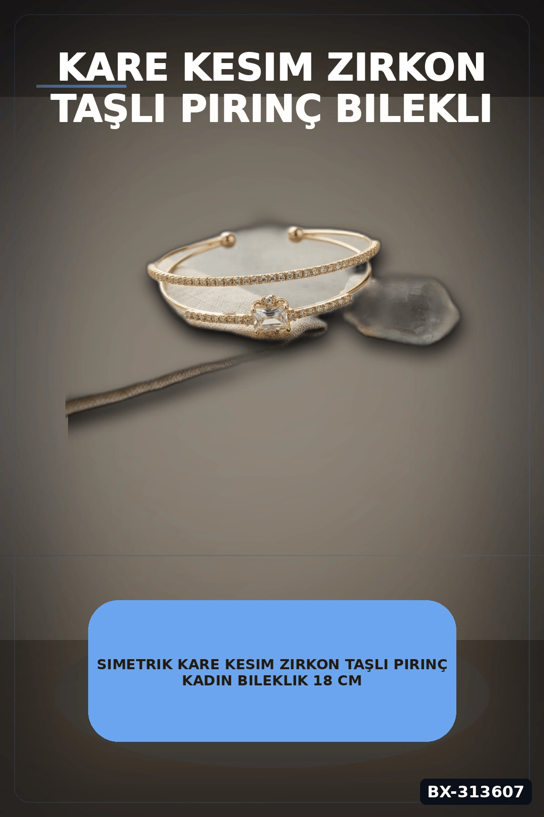 Simetrik Kare Kesim Zirkon Taşlı Pirinç Kadın Bileklik 18 cm Tekli Paket BX-313607