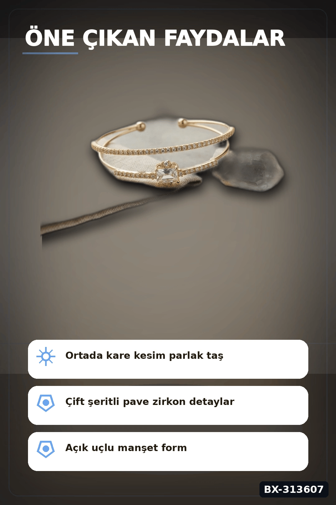 Simetrik Kare Kesim Zirkon Taşlı Pirinç Kadın Bileklik 18 cm Tekli Paket BX-313607