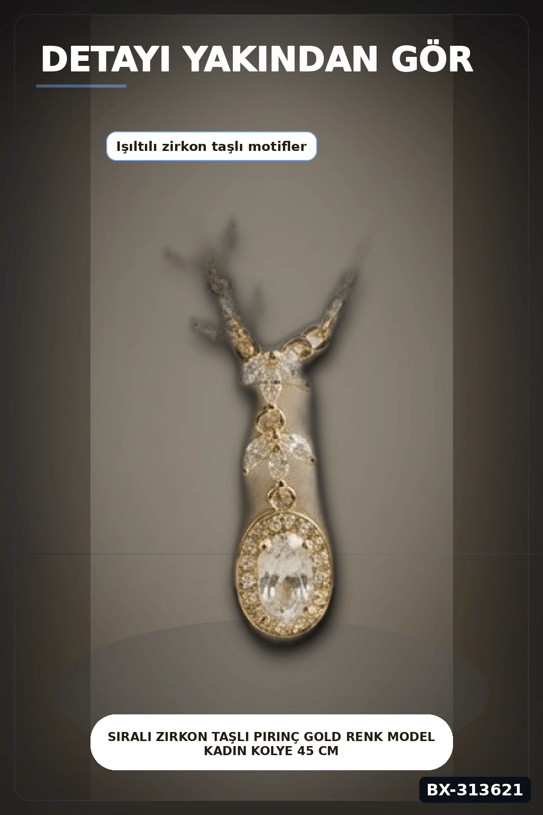 Sıralı Zirkon Taşlı Pirinç Gold Renk Model Kadın Kolye 45 cm Zincir Hediyelik BX-313621