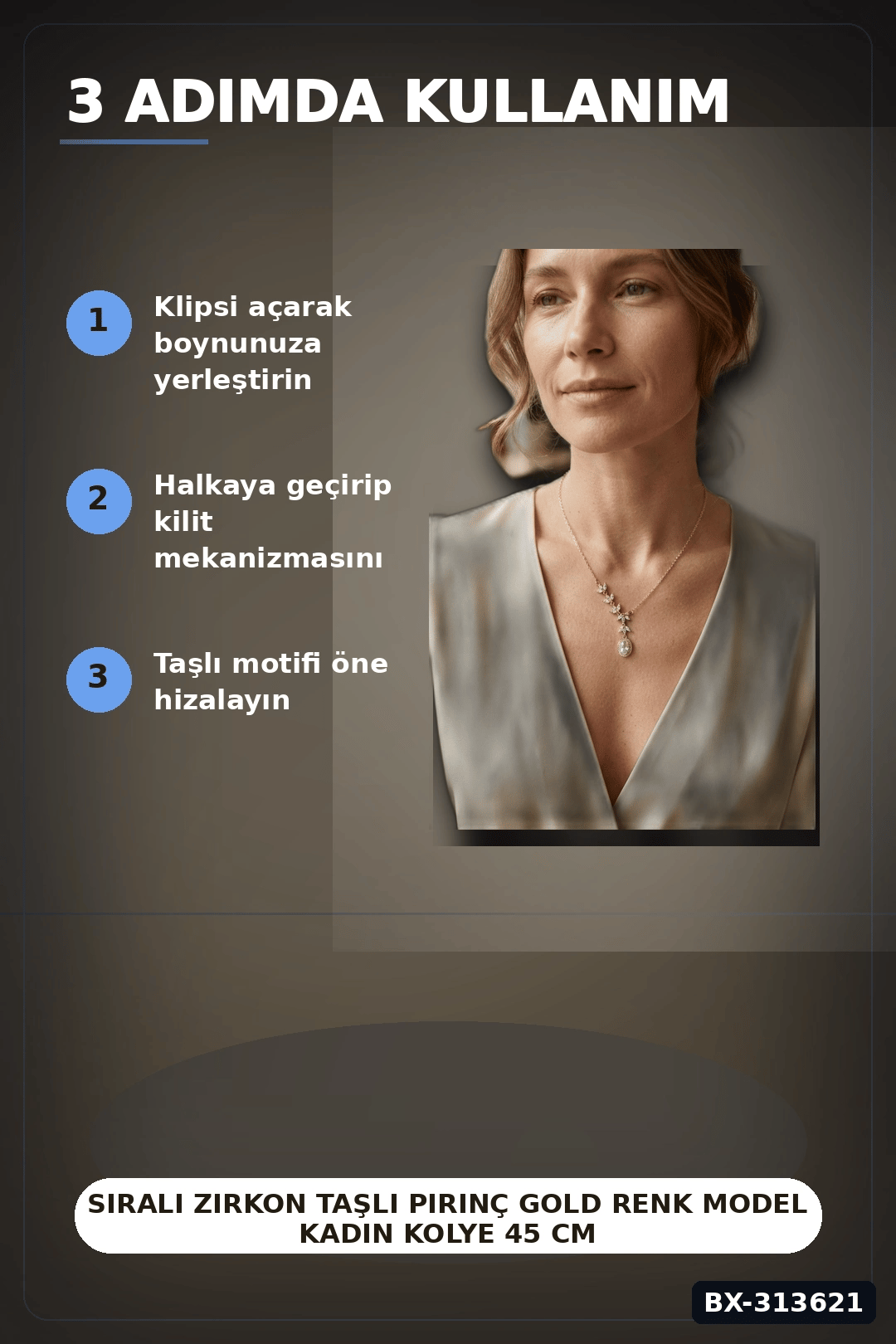 Sıralı Zirkon Taşlı Pirinç Gold Renk Model Kadın Kolye 45 cm Zincir Hediyelik BX-313621