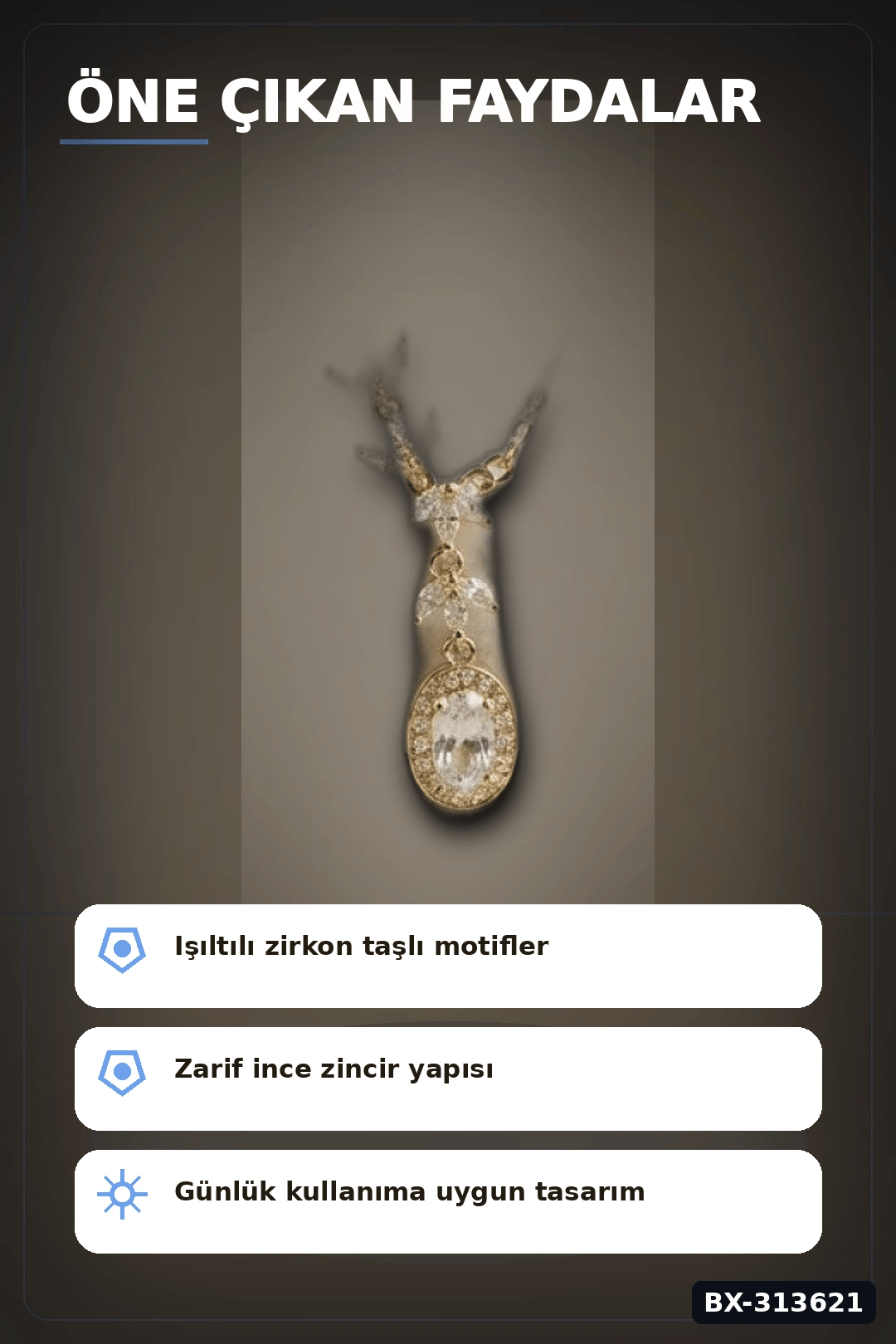 Sıralı Zirkon Taşlı Pirinç Gold Renk Model Kadın Kolye 45 cm Zincir Hediyelik BX-313621