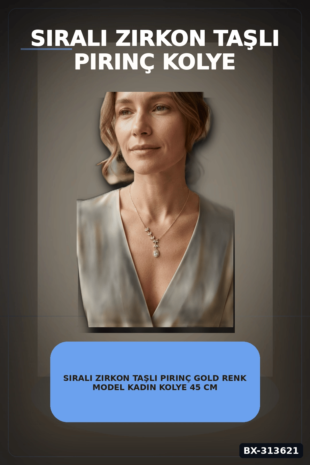 Sıralı Zirkon Taşlı Pirinç Gold Renk Model Kadın Kolye 45 cm Zincir Hediyelik BX-313621