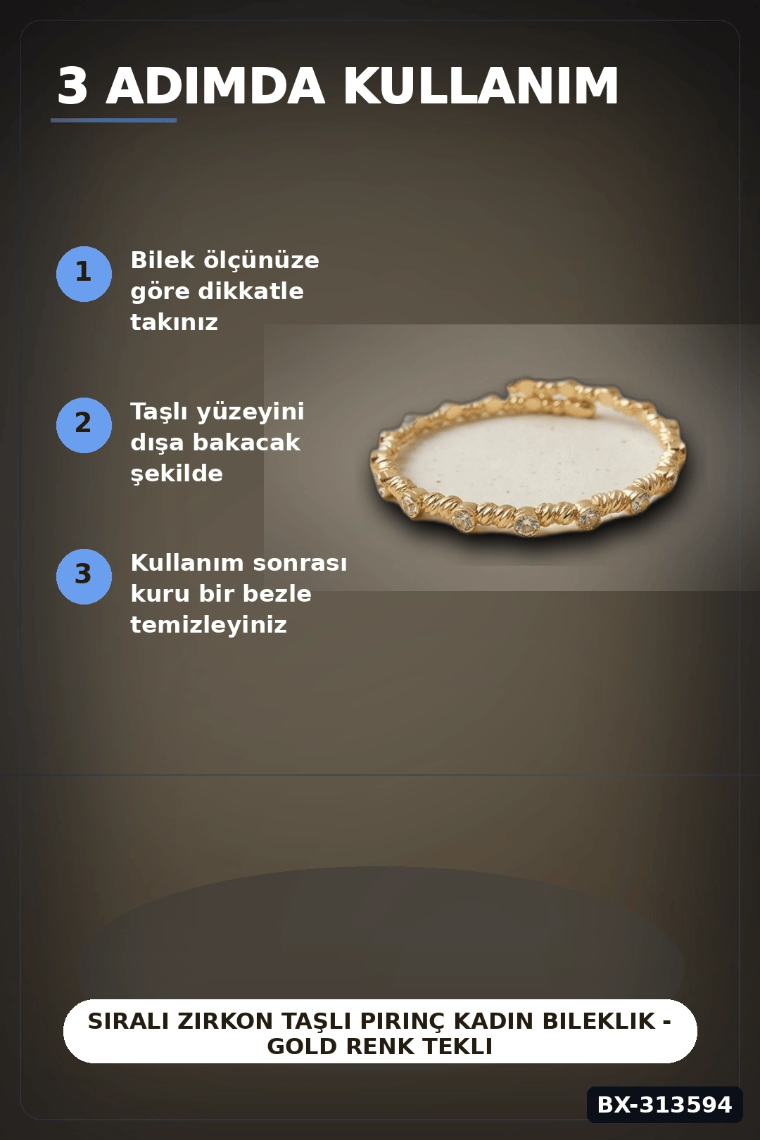Sıralı Zirkon Taşlı Pirinç Kadın Bileklik - Gold Renk Tekli Parça, Bijuteri Aksesuar BX-313594