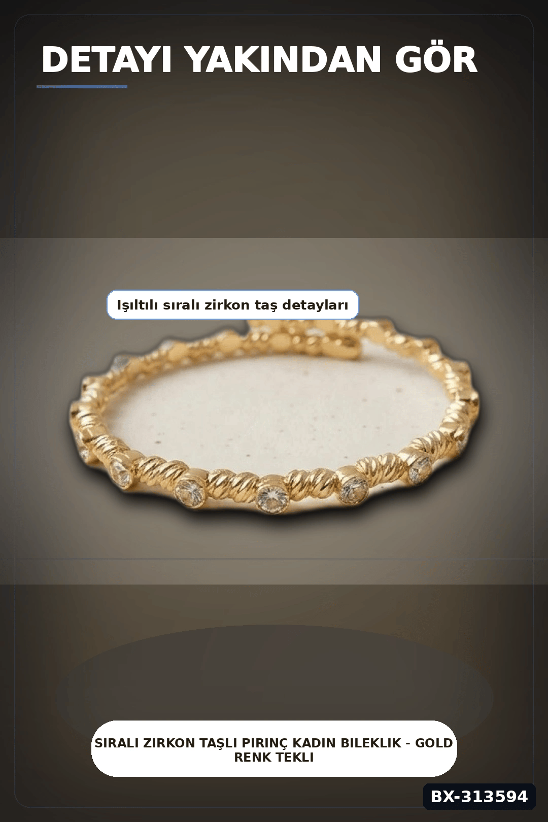 Sıralı Zirkon Taşlı Pirinç Kadın Bileklik - Gold Renk Tekli Parça, Bijuteri Aksesuar BX-313594