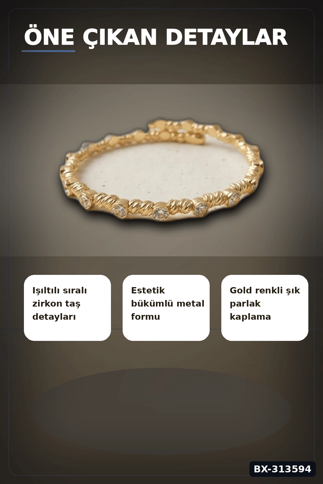 Sıralı Zirkon Taşlı Pirinç Kadın Bileklik - Gold Renk Tekli Parça, Bijuteri Aksesuar BX-313594