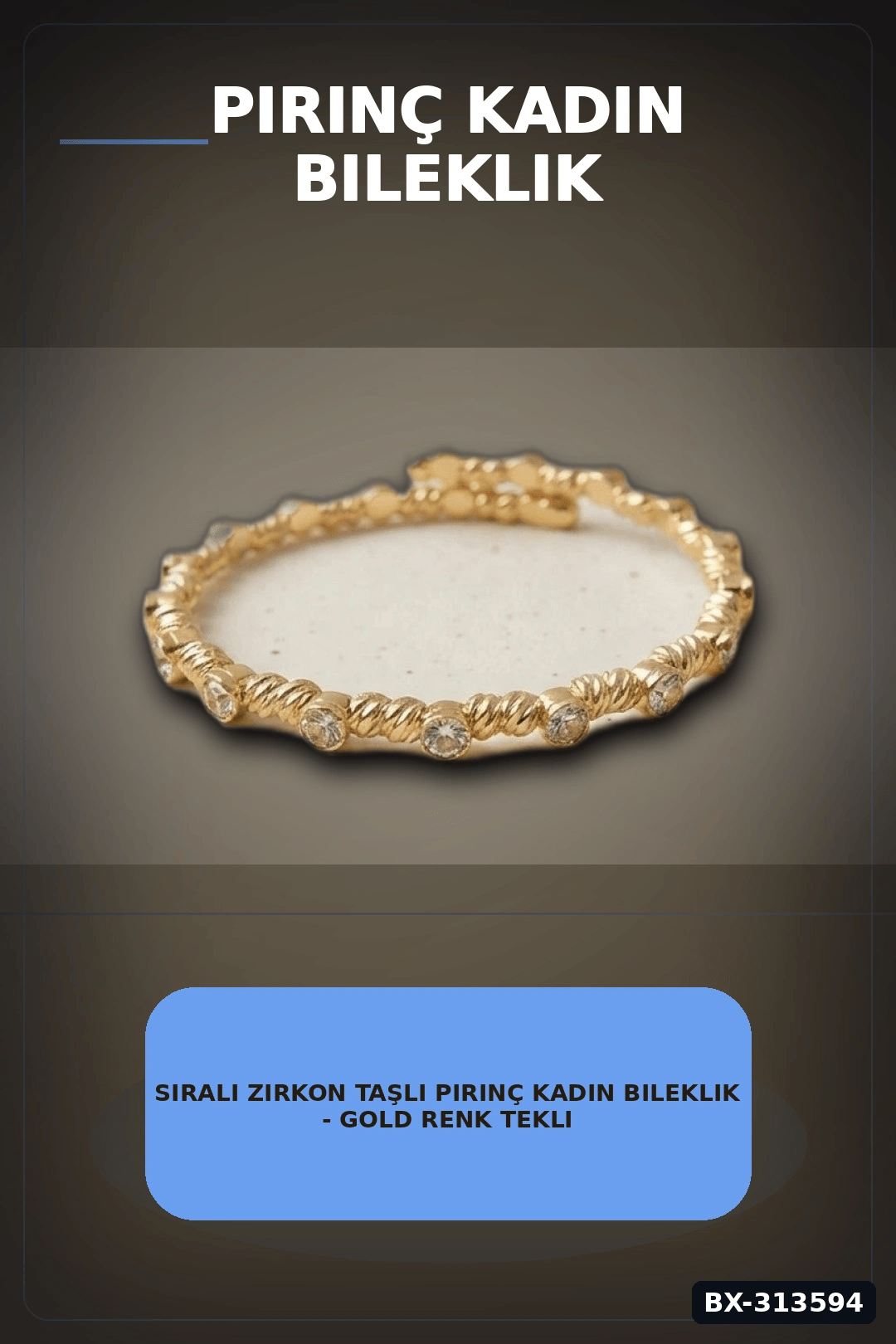 Sıralı Zirkon Taşlı Pirinç Kadın Bileklik - Gold Renk Tekli Parça, Bijuteri Aksesuar BX-313594