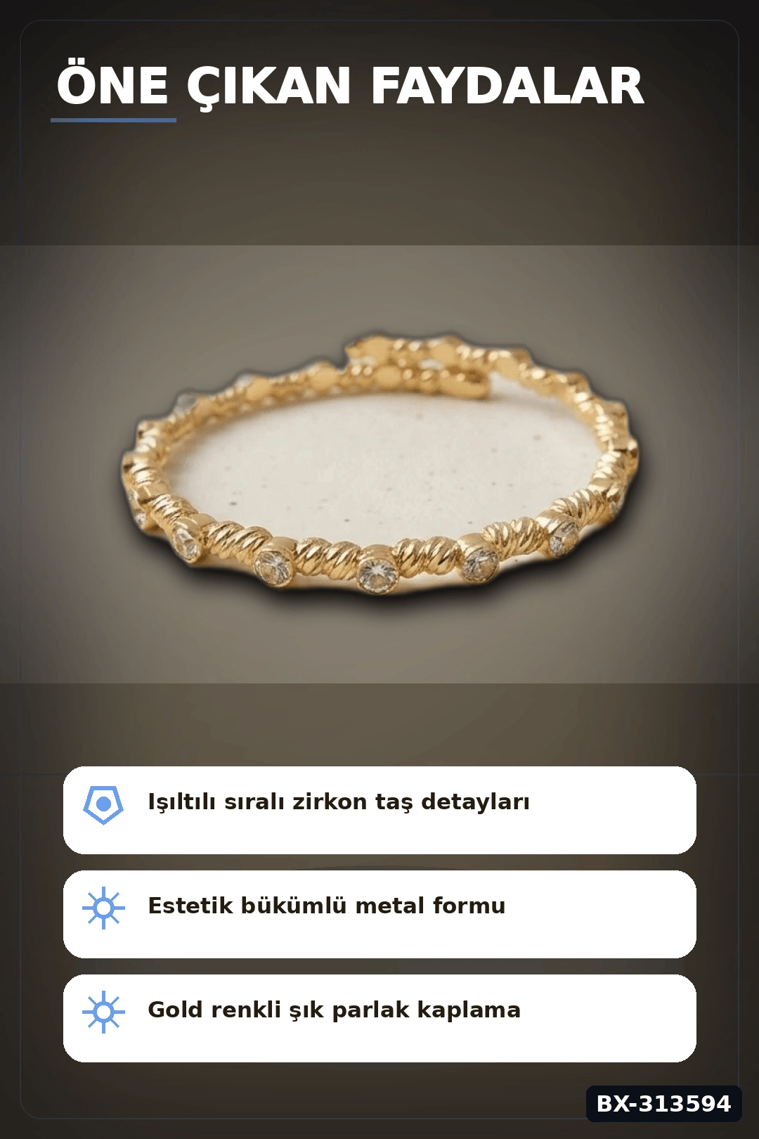 Sıralı Zirkon Taşlı Pirinç Kadın Bileklik - Gold Renk Tekli Parça, Bijuteri Aksesuar BX-313594