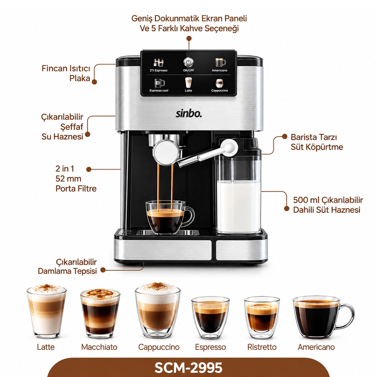 Siyah - Krom Espresso Kahve Makinesi 6 Farklı Kahve 1.5lt Su Hazne - 500ml Süt Hazne 1350w Scm-2995 Bx40