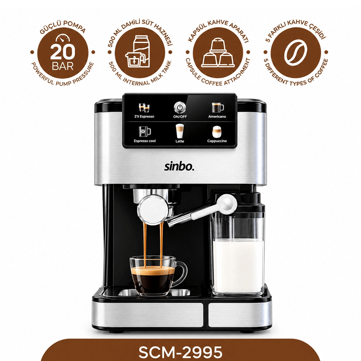Siyah - Krom Espresso Kahve Makinesi 6 Farklı Kahve 1.5lt Su Hazne - 500ml Süt Hazne 1350w Scm-2995 Bx40