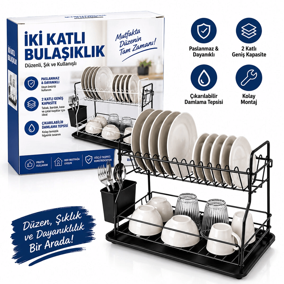 Siyah - Metal 2 Katlı Tabaklık - Bulaşıklık Bx40
