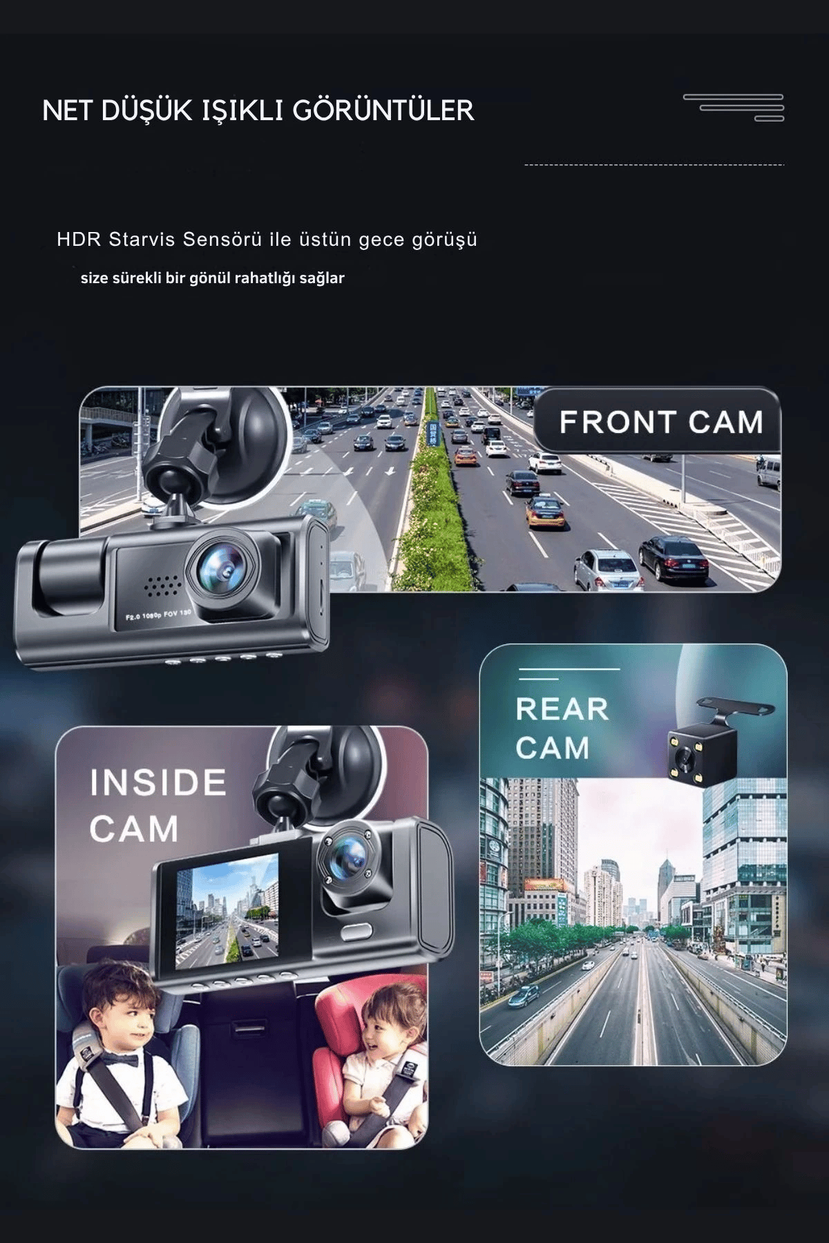 Siyah 1080p Araç içi 3 Kameralı Lcd Ekranlı Gece Görüşlü , G-sensör , Geri Görüş Kamera
