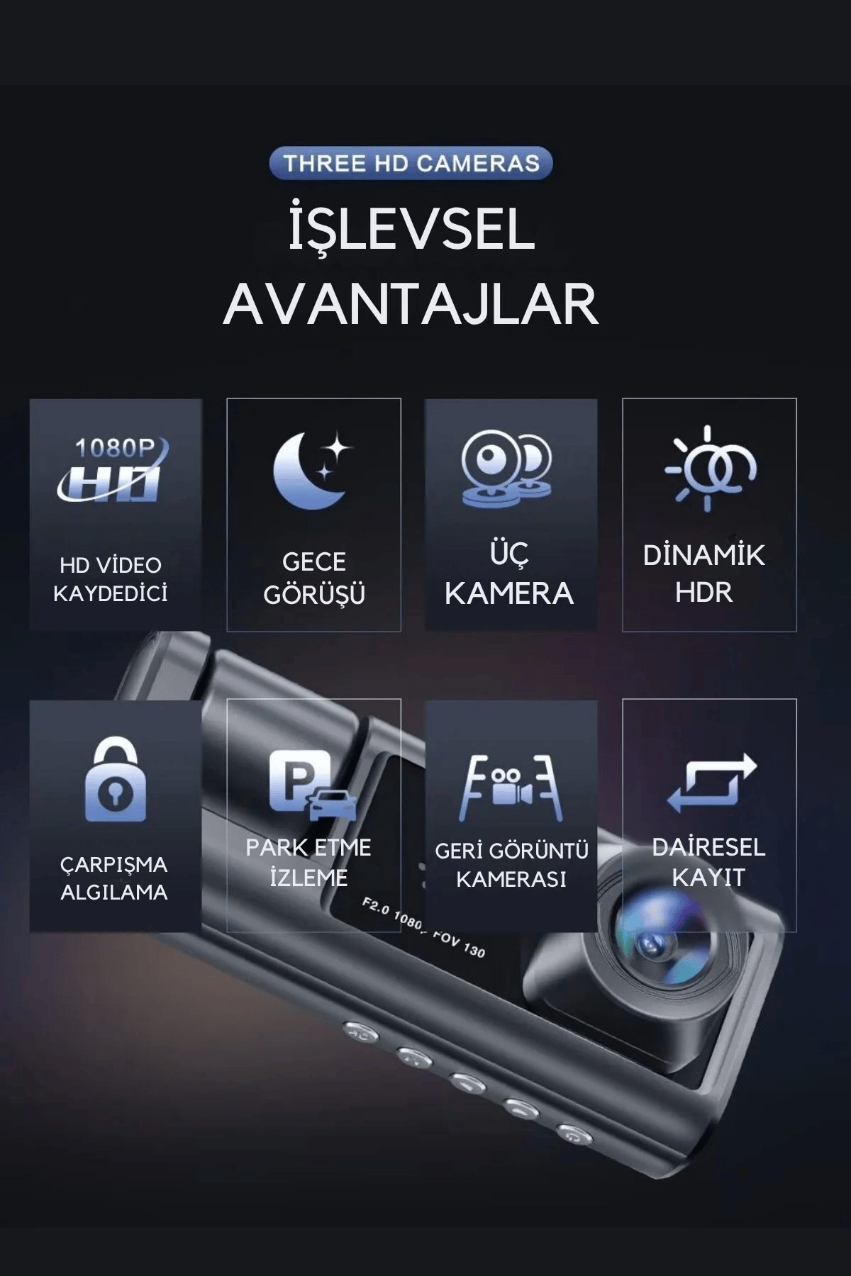 Siyah 1080p Araç içi 3 Kameralı Lcd Ekranlı Gece Görüşlü , G-sensör , Geri Görüş Kamera