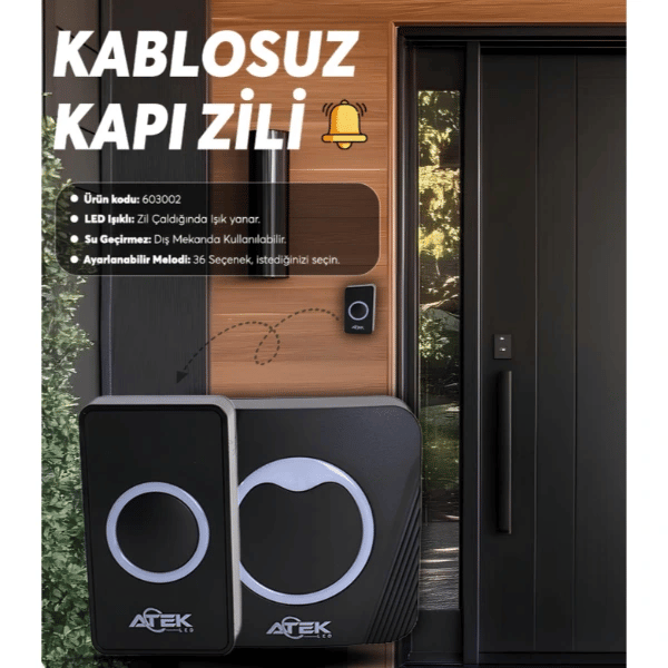 Siyah Kablosuz Su Geçirmez Kapı Zili