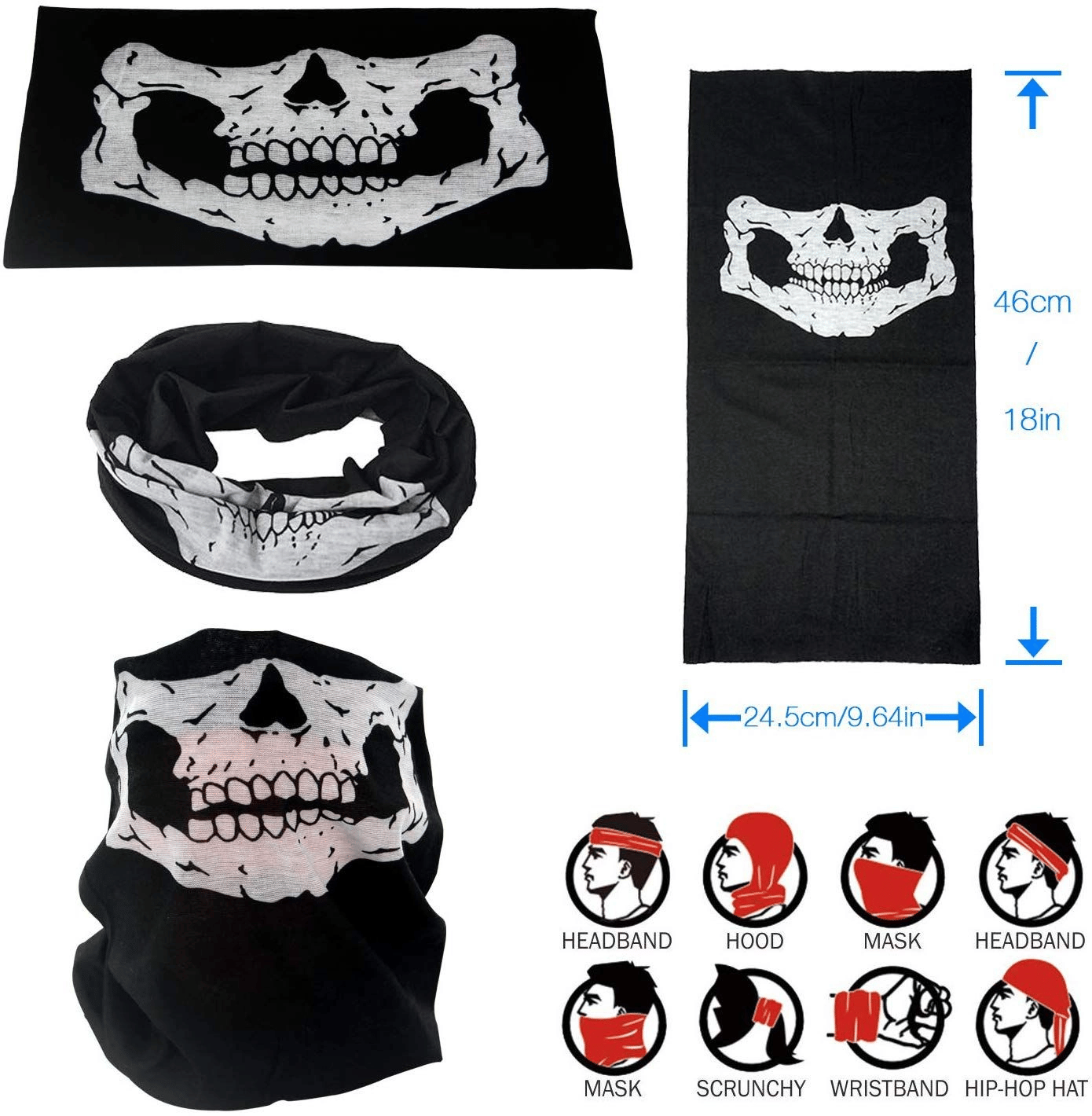 Siyah Renk Dikişsiz Çok Fonksiyonlu Çene Kafatası Yüz Maskesi Baf Buff Bandana Boyunluk Bileklik Bx40