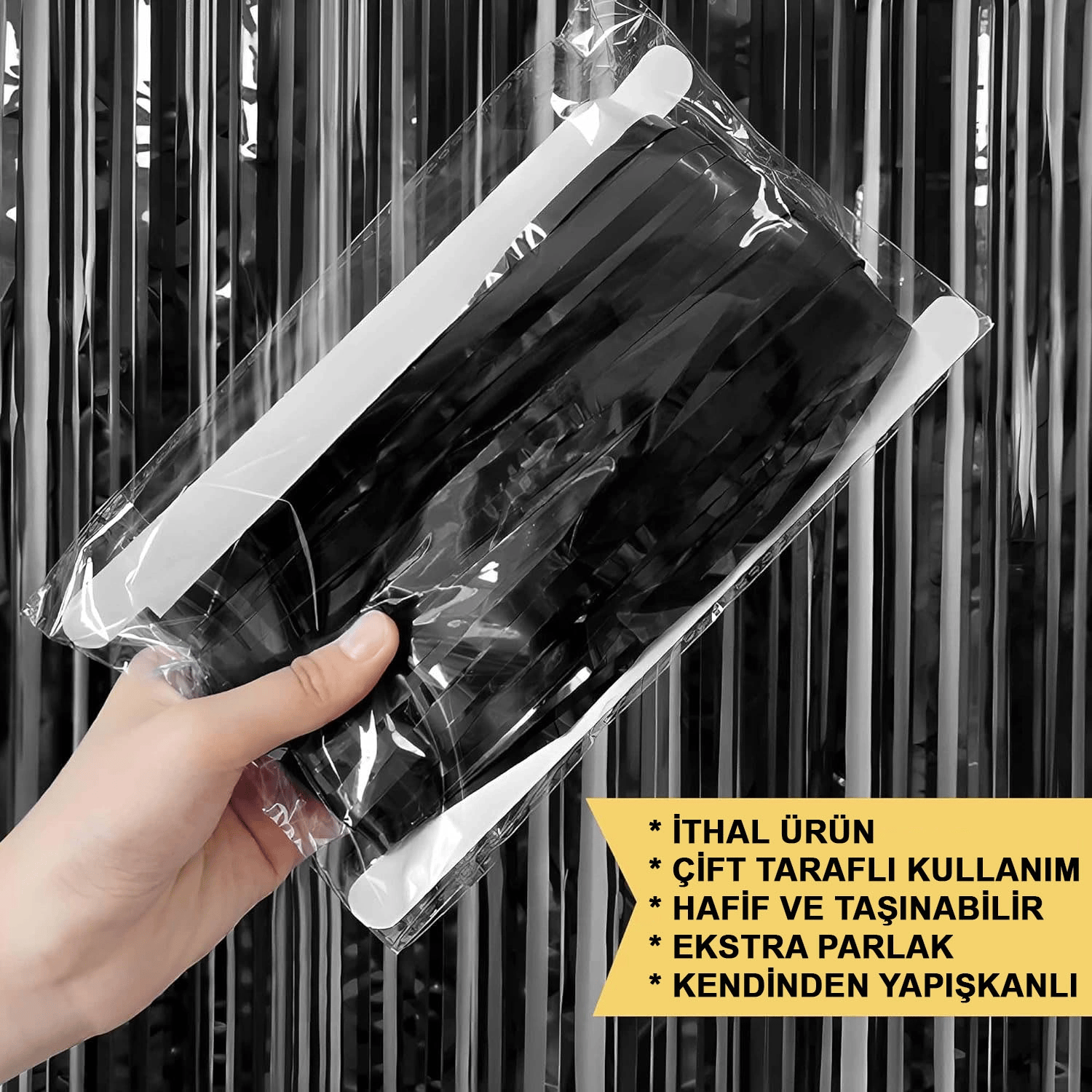 Siyah Renk Ekstra Metalize Parlak Saçaklı Arka Fon Perde İthal A Kalite 1x2 Metre Bx40