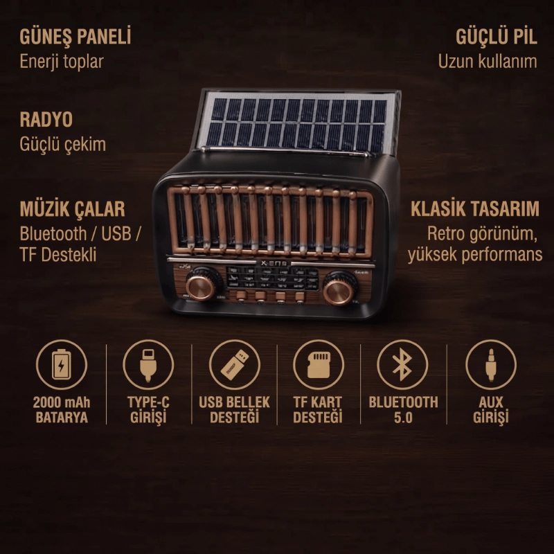 Solar Panelli FM Radyo - Şarjlı - Bluetooth Özellikli - AUX Girişli - Nostaljik Tasarım