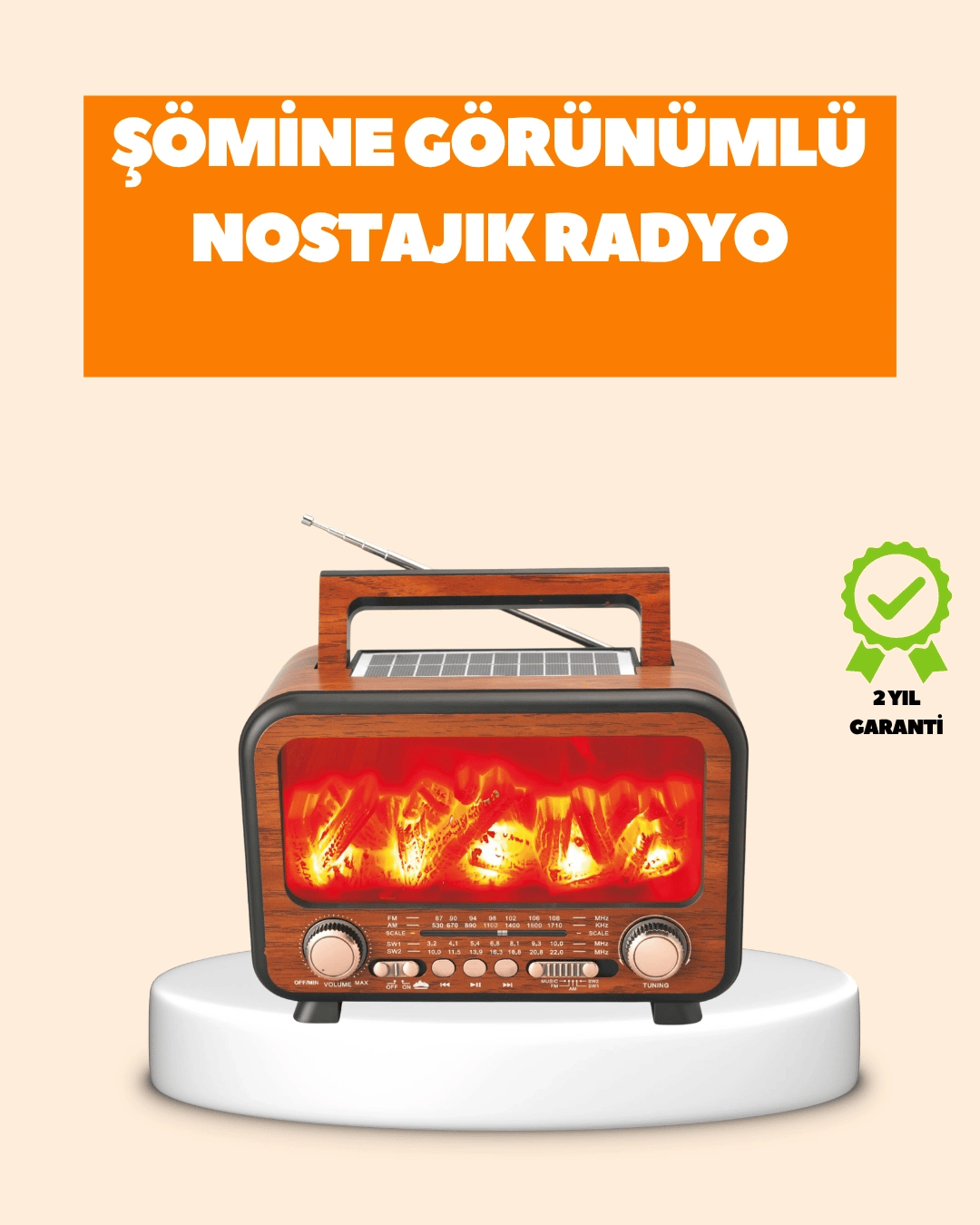 Şömine Alev Işıklı Solar Bluetooth Hoparlör – 7W Güçlü Ses, FM Radyo