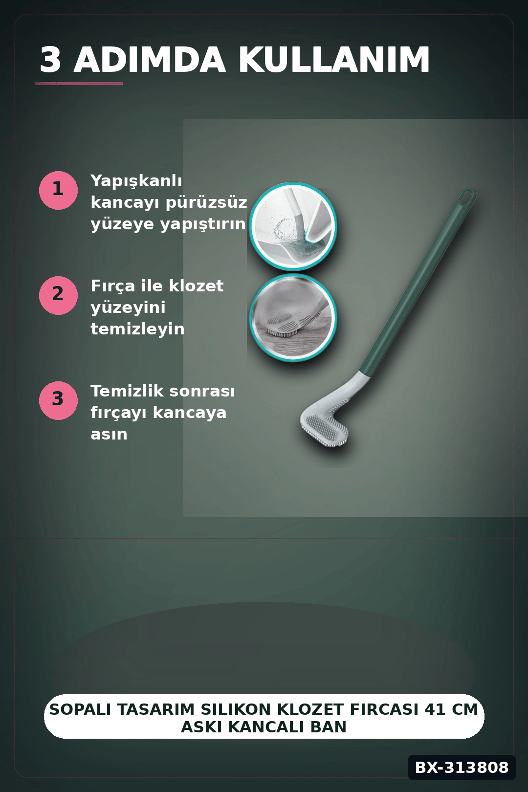 Sopali Tasarim Silikon Klozet Fircasi 41 cm Aski Kancali Banyo Temizlik Seti BX-313808