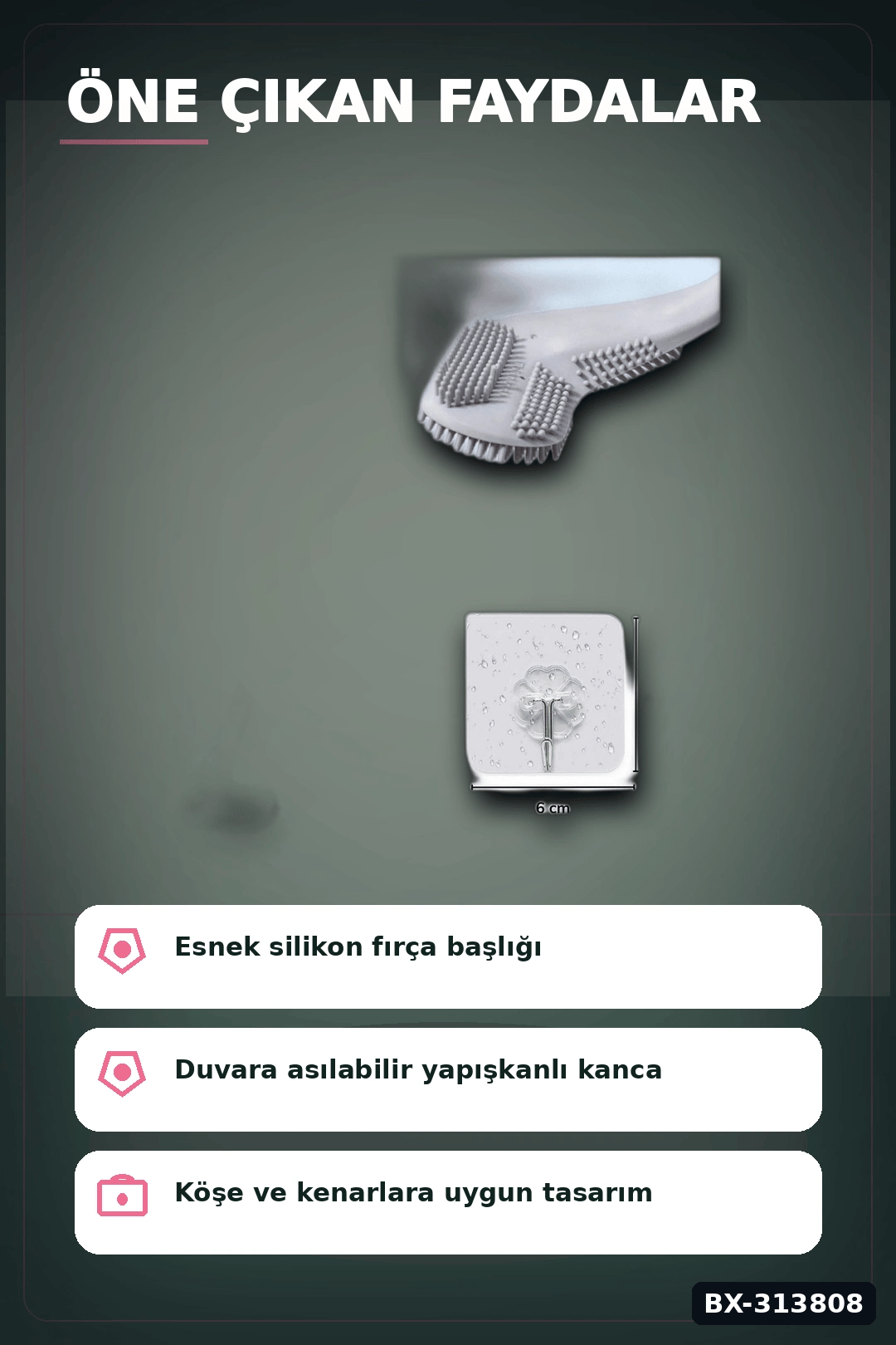 Sopali Tasarim Silikon Klozet Fircasi 41 cm Aski Kancali Banyo Temizlik Seti BX-313808