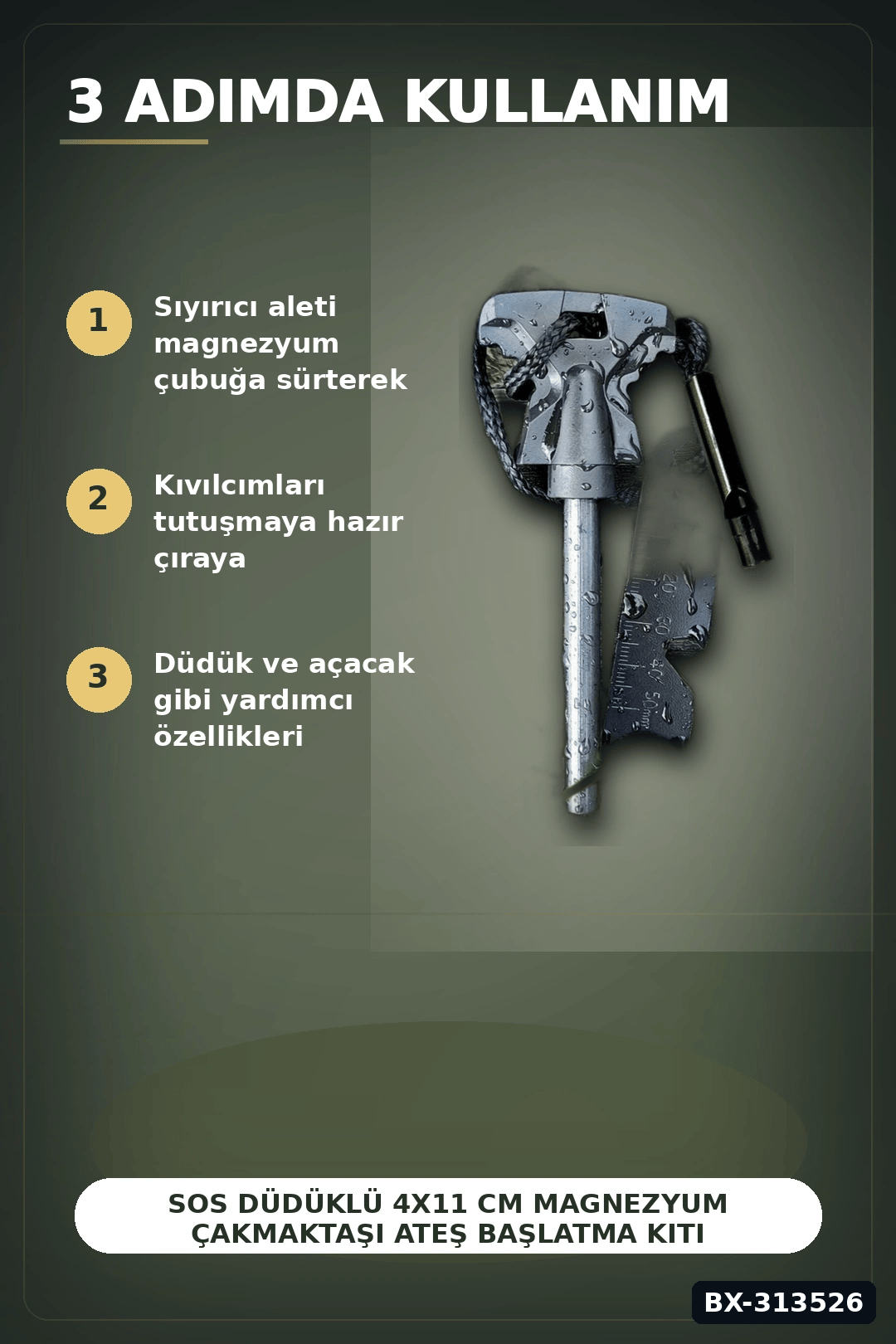 SOS Düdüklü 4x11 cm Magnezyum Çakmaktaşı Ateş Başlatma Kiti - Kampçılık BX-313526