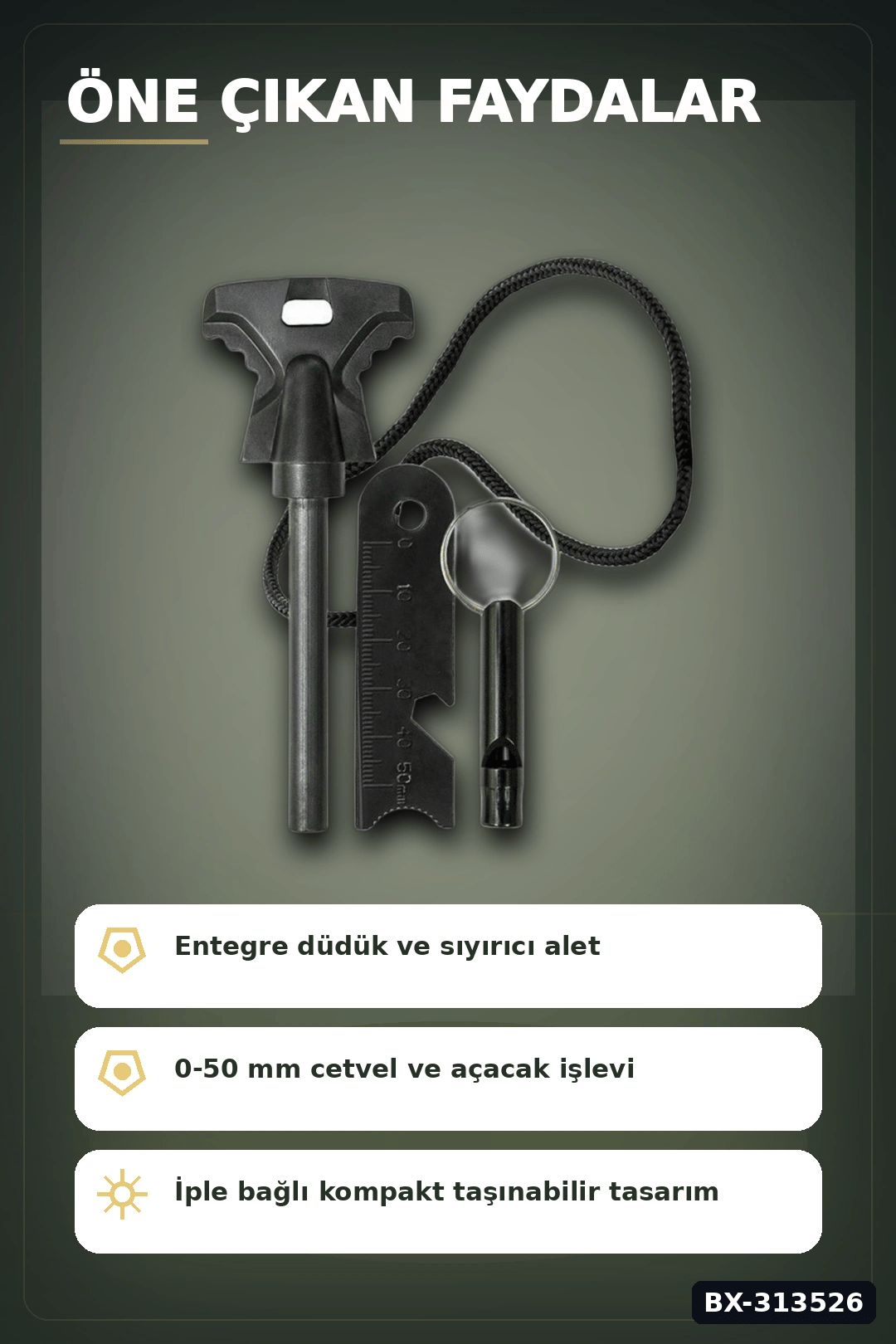 SOS Düdüklü 4x11 cm Magnezyum Çakmaktaşı Ateş Başlatma Kiti - Kampçılık BX-313526