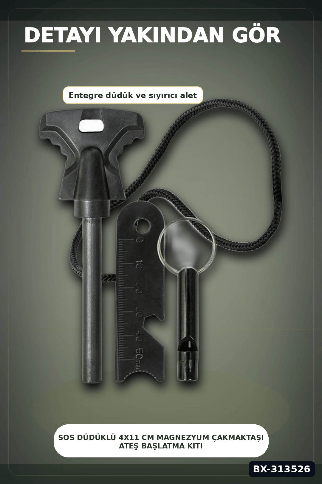 SOS Düdüklü 4x11 cm Magnezyum Çakmaktaşı Ateş Başlatma Kiti - Kampçılık BX-313526