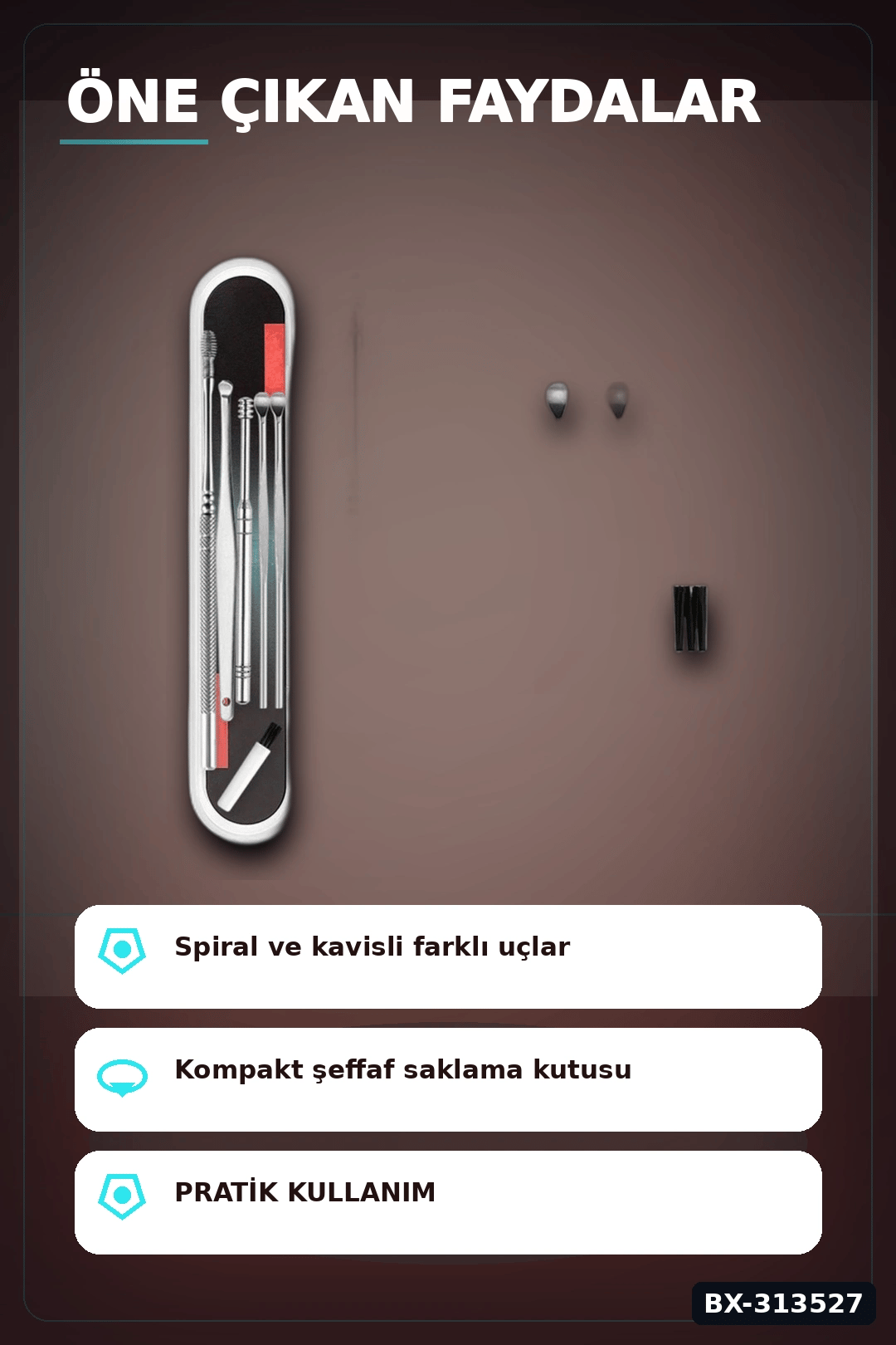 Spiral Uçlu 6'lı Paslanmaz Çelik Kulak Temizleme Seti - Taşınabilir Bakım Aleti BX-313527
