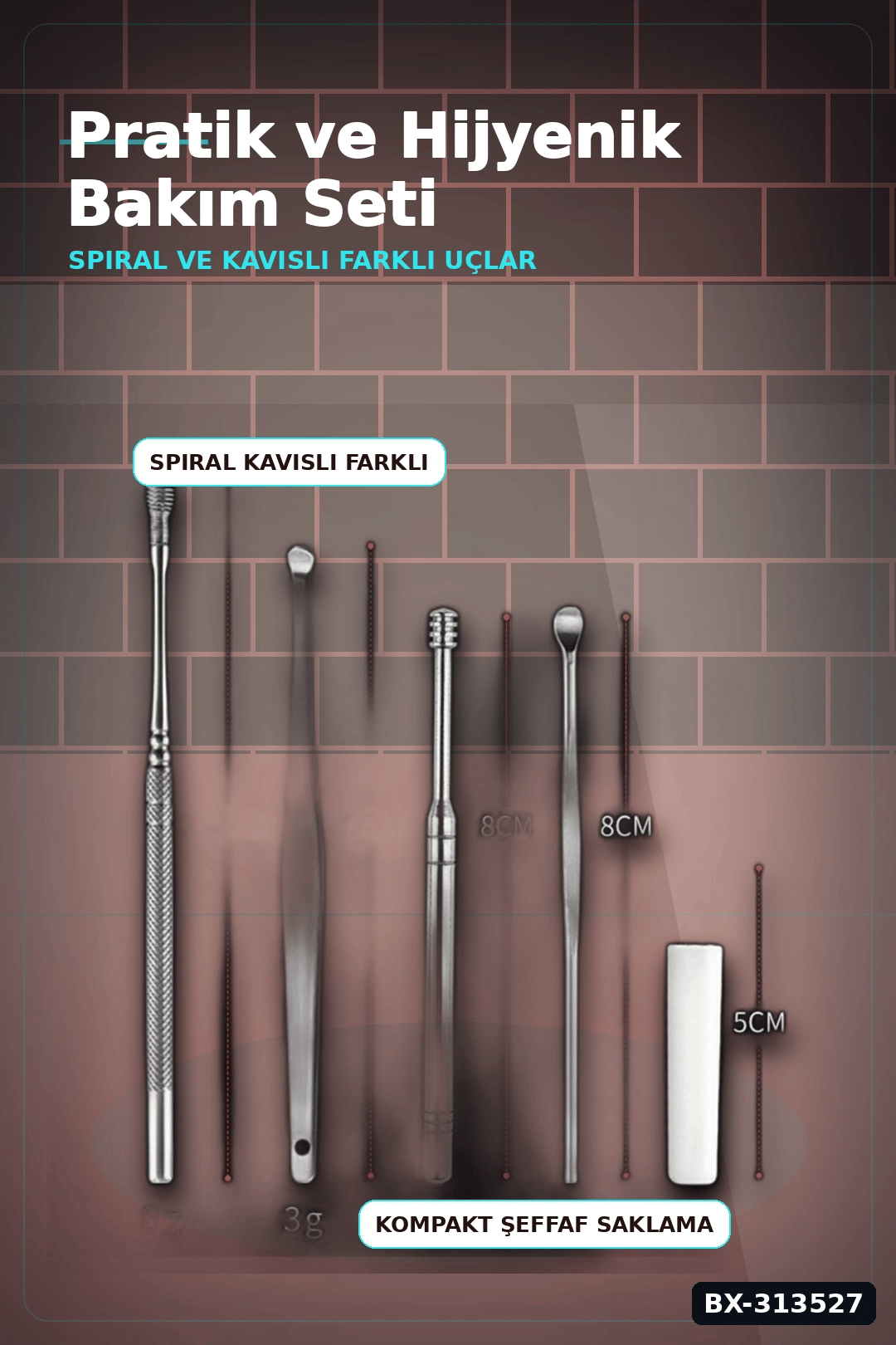 Spiral Uçlu 6'lı Paslanmaz Çelik Kulak Temizleme Seti - Taşınabilir Bakım Aleti BX-313527