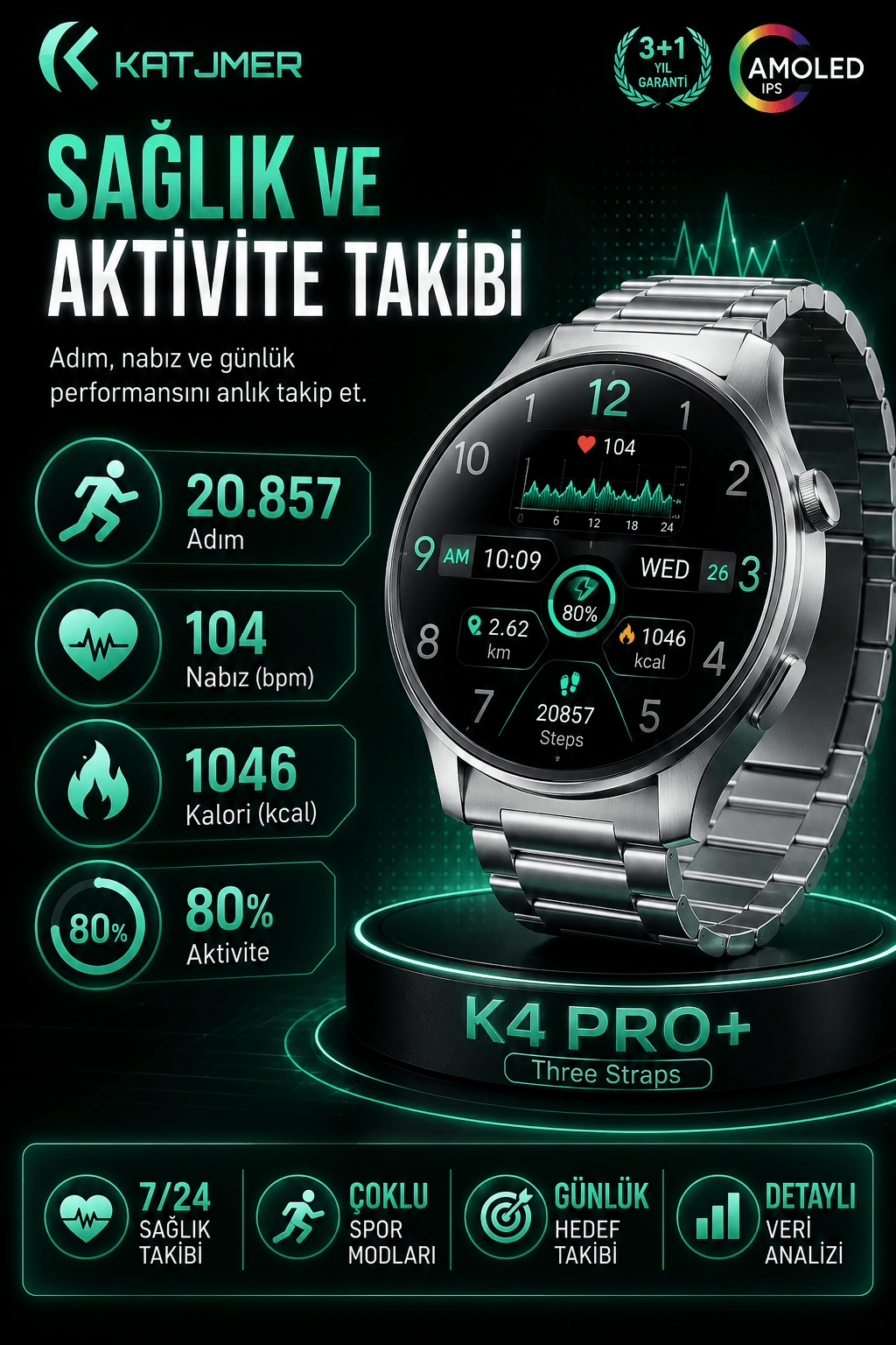 Spor Modlu Bildirim Özellikli Akıllı Saat Metal Kordonlu Üç Kayışlı Günlük Kullanım Seti
