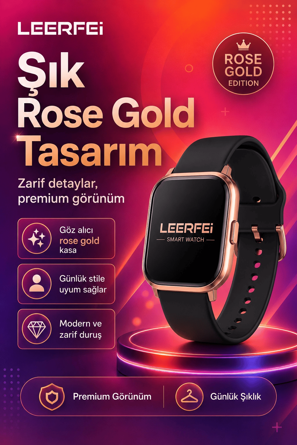 Spor Modlu Kablosuz Şarjlı Akıllı Saat Mesaj Bildirimli Rose Gold Tasarımlı Model