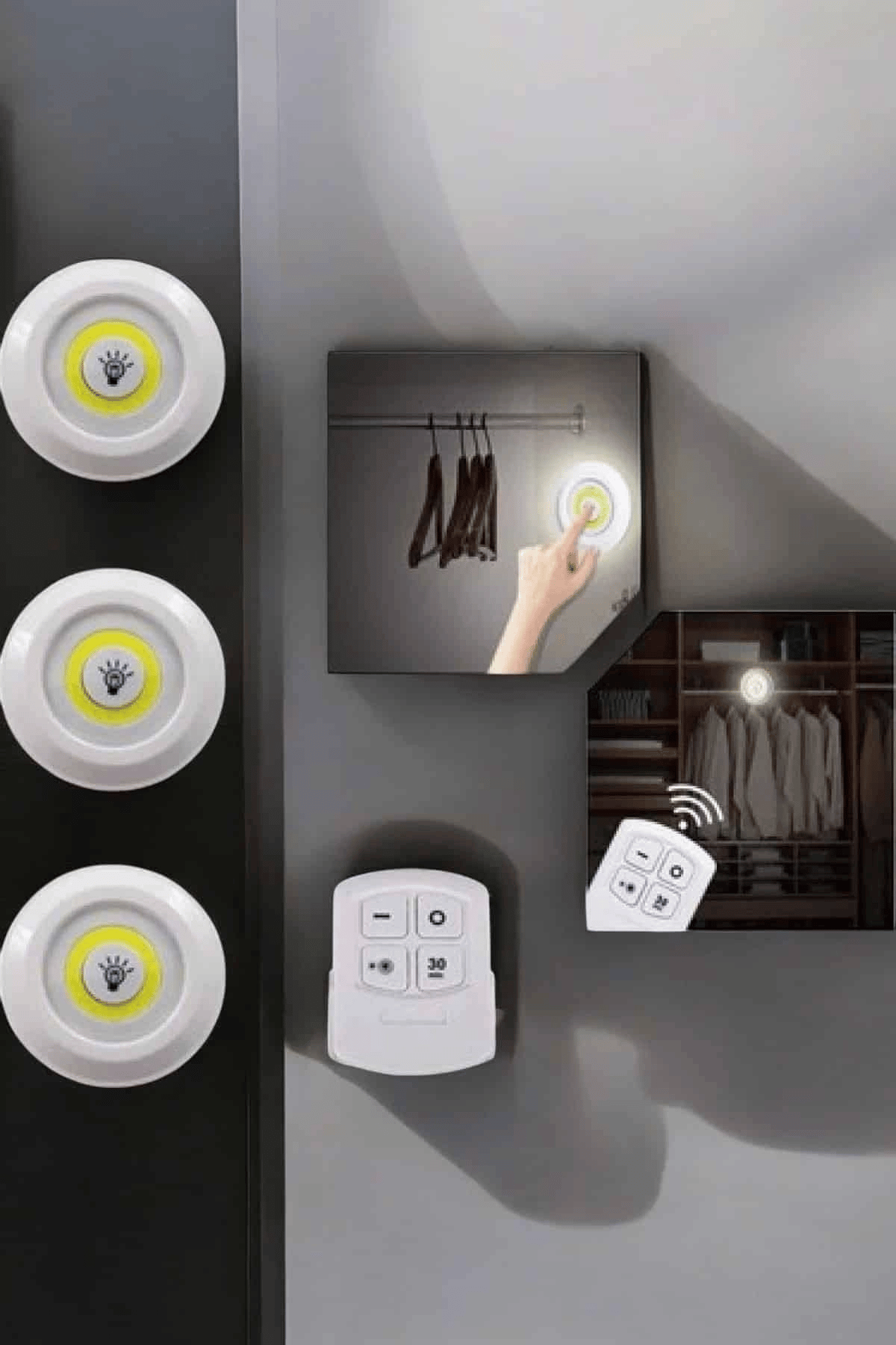 Spot Lamba Led Işık 3'lü Uzaktan Kumandalı Pilli Yapışkanlı Kablosuz