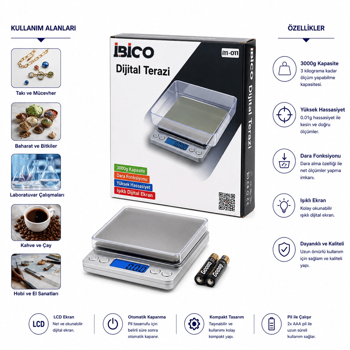 Superıor Mını I-2000 3000gr/0.1gr Mini=10.5x13cm Hassas Tartı - Terazi Şeffaf Pls.kapak  Pilli Bx40