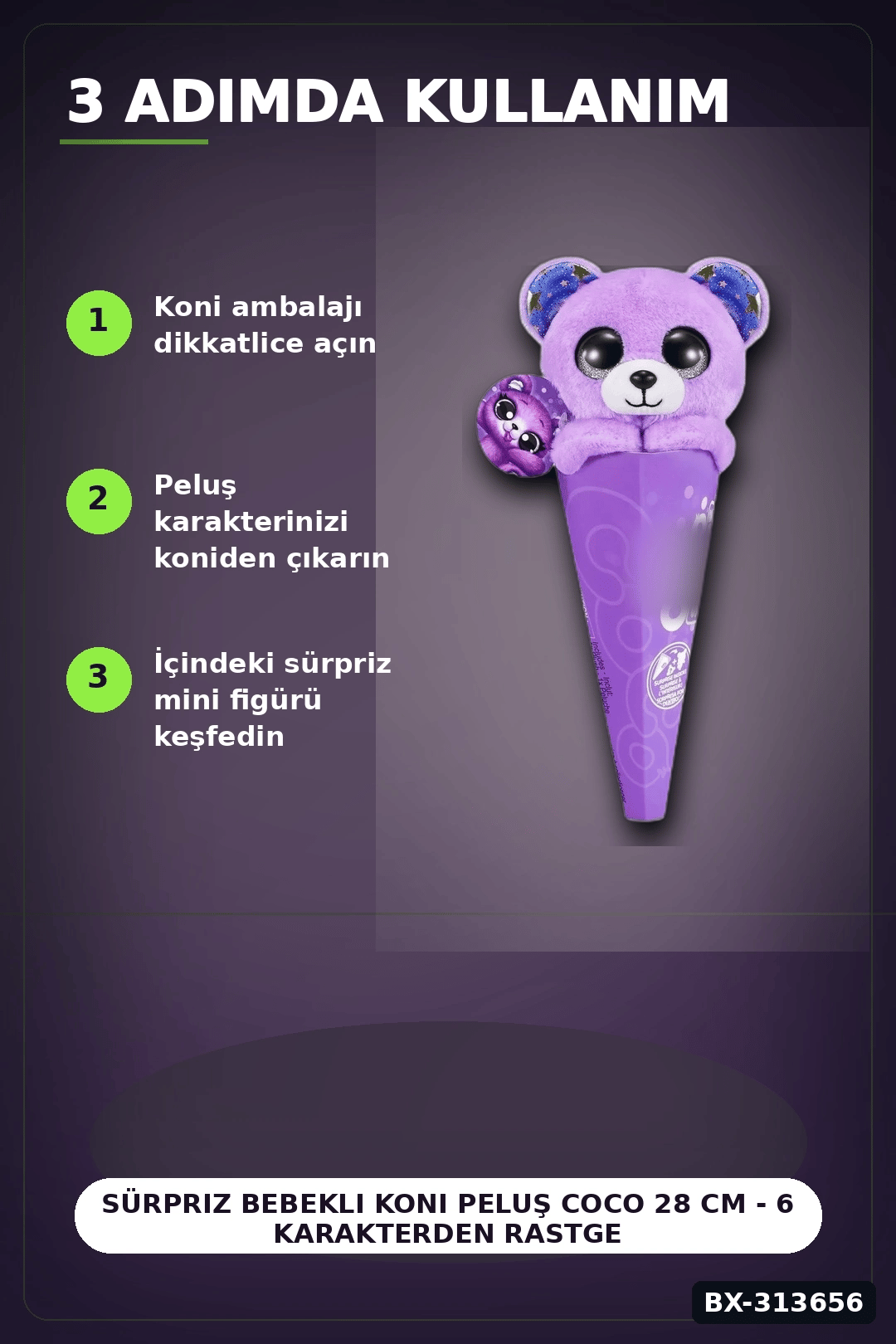 Sürpriz Bebekli Koni Peluş Coco 28 cm - 6 Karakterden Rastgele 1 Adet, 3+ Yaş Hediye BX-313656