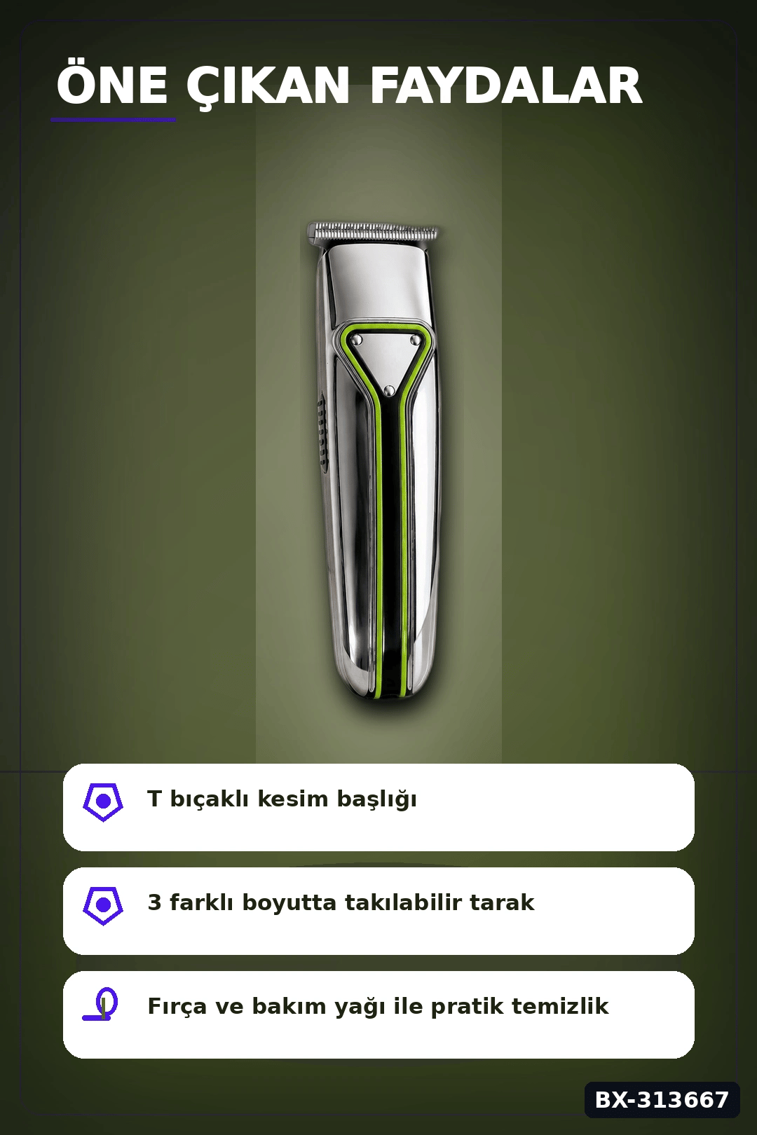 T Bıçaklı Profesyonel Saç Sakal Kesme Makinesi USB Şarjlı 3 Taraklı Erkek Bakım Seti BX-313667