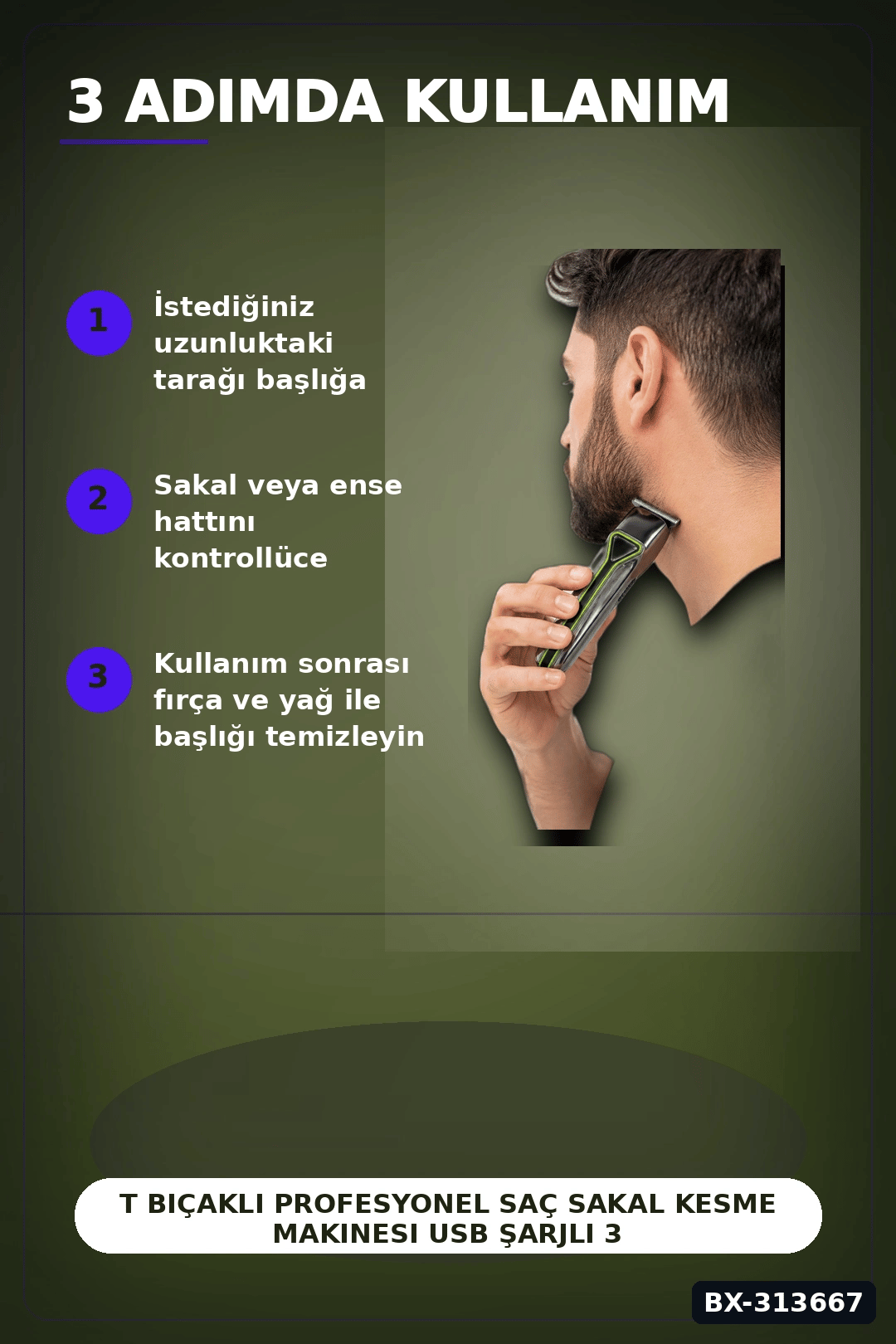 T Bıçaklı Profesyonel Saç Sakal Kesme Makinesi USB Şarjlı 3 Taraklı Erkek Bakım Seti BX-313667