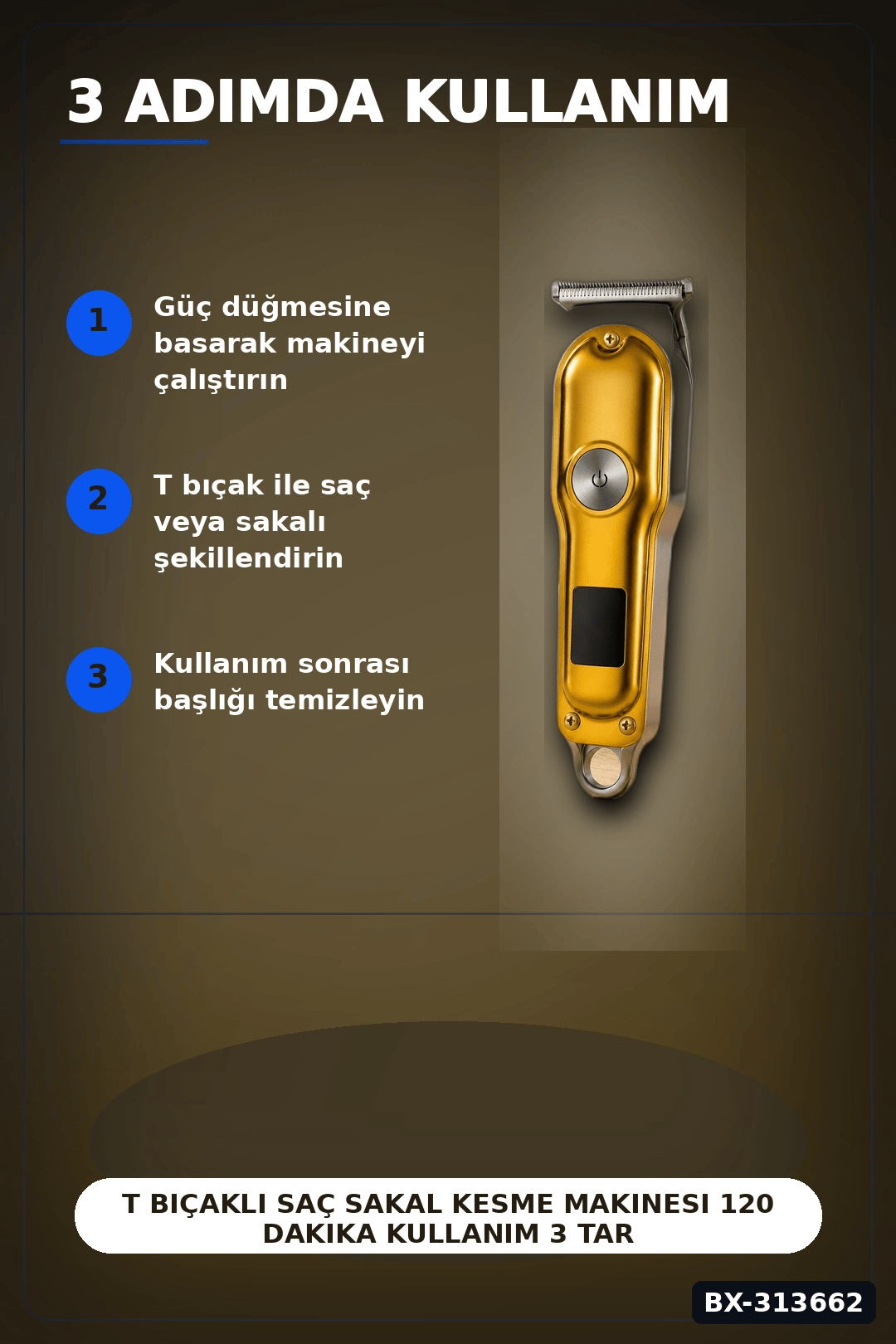T Bıçaklı Saç Sakal Kesme Makinesi 120 Dakika Kullanım 3 Tarak USB Şarjlı Profesyonel BX-313662
