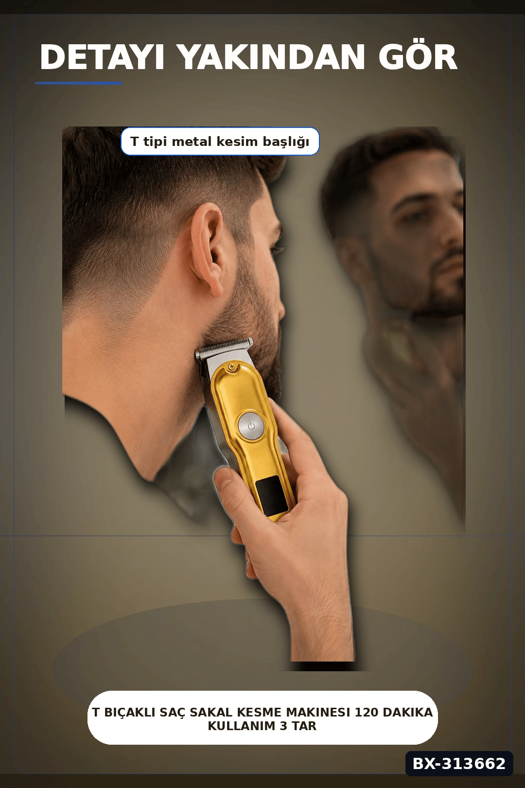 T Bıçaklı Saç Sakal Kesme Makinesi 120 Dakika Kullanım 3 Tarak USB Şarjlı Profesyonel BX-313662