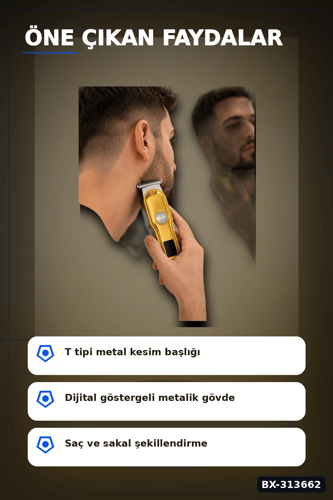 T Bıçaklı Saç Sakal Kesme Makinesi 120 Dakika Kullanım 3 Tarak USB Şarjlı Profesyonel BX-313662