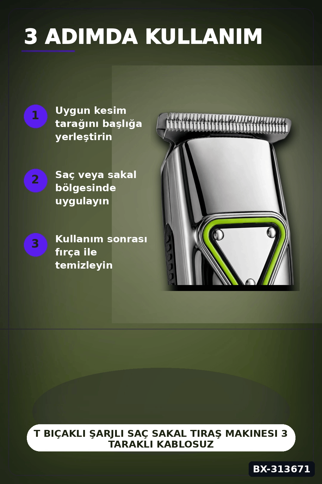 T Bıçaklı Şarjlı Saç Sakal Tıraş Makinesi 3 Taraklı Kablosuz Erkek Bakım Seti BX-313671