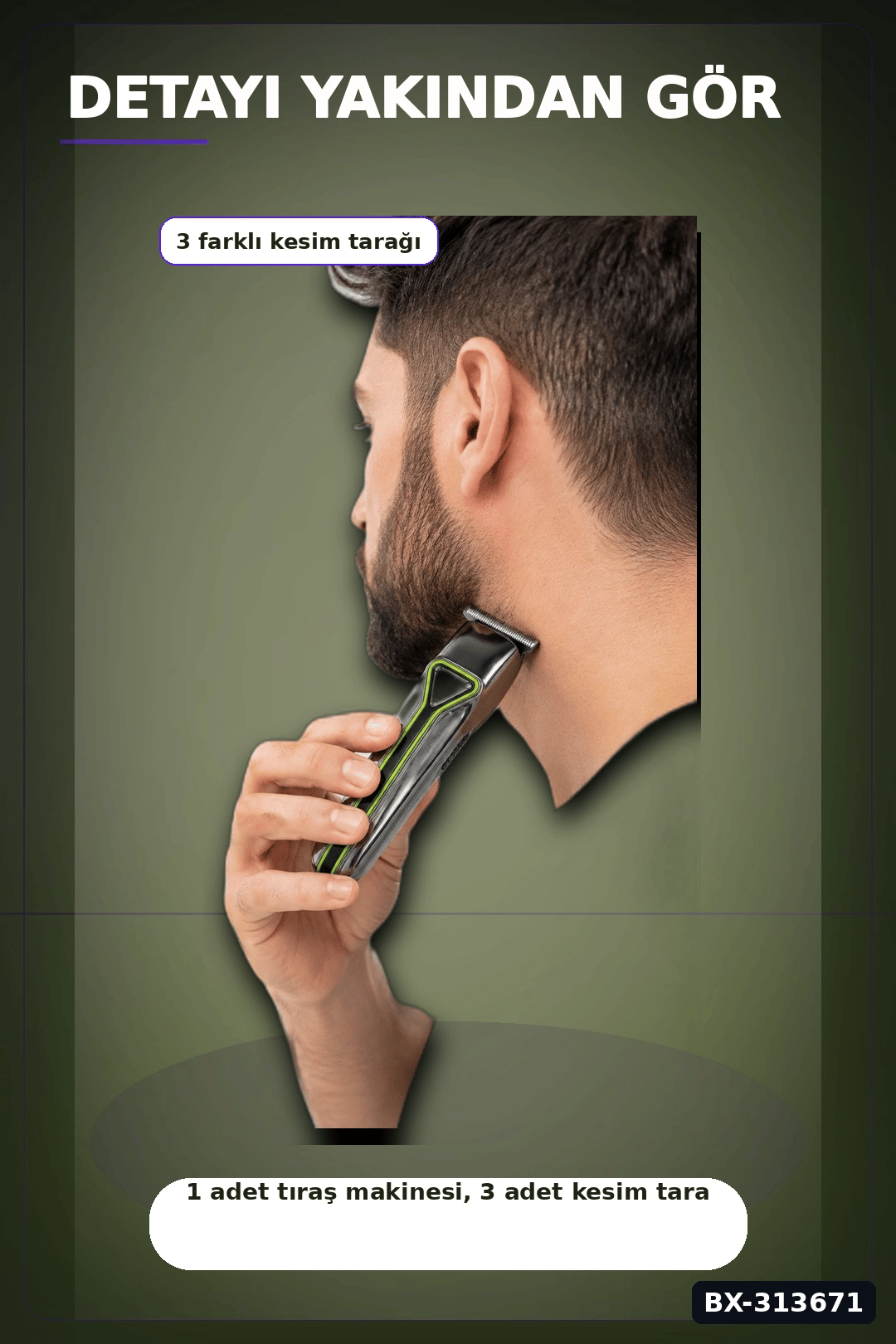 T Bıçaklı Şarjlı Saç Sakal Tıraş Makinesi 3 Taraklı Kablosuz Erkek Bakım Seti BX-313671