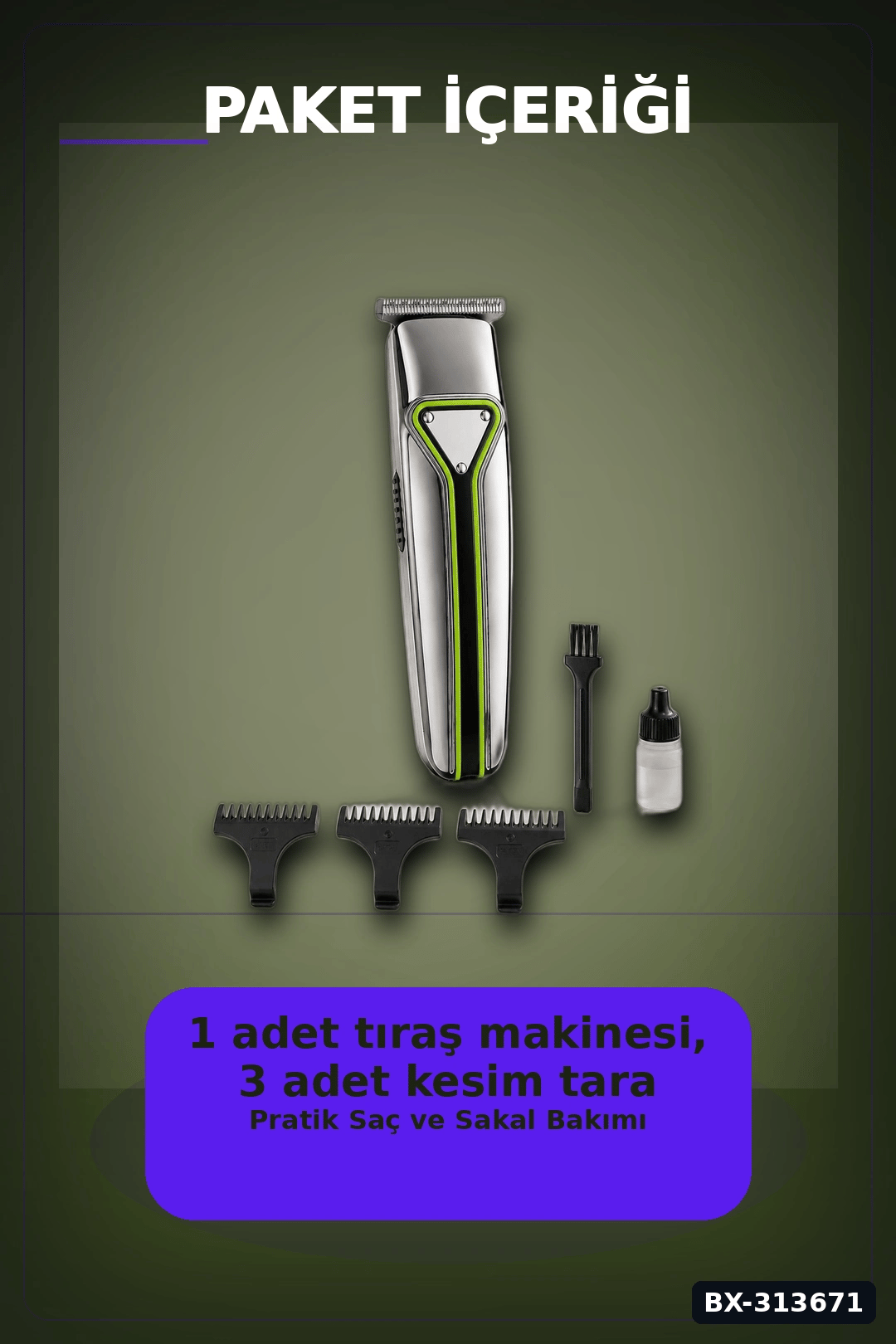 T Bıçaklı Şarjlı Saç Sakal Tıraş Makinesi 3 Taraklı Kablosuz Erkek Bakım Seti BX-313671