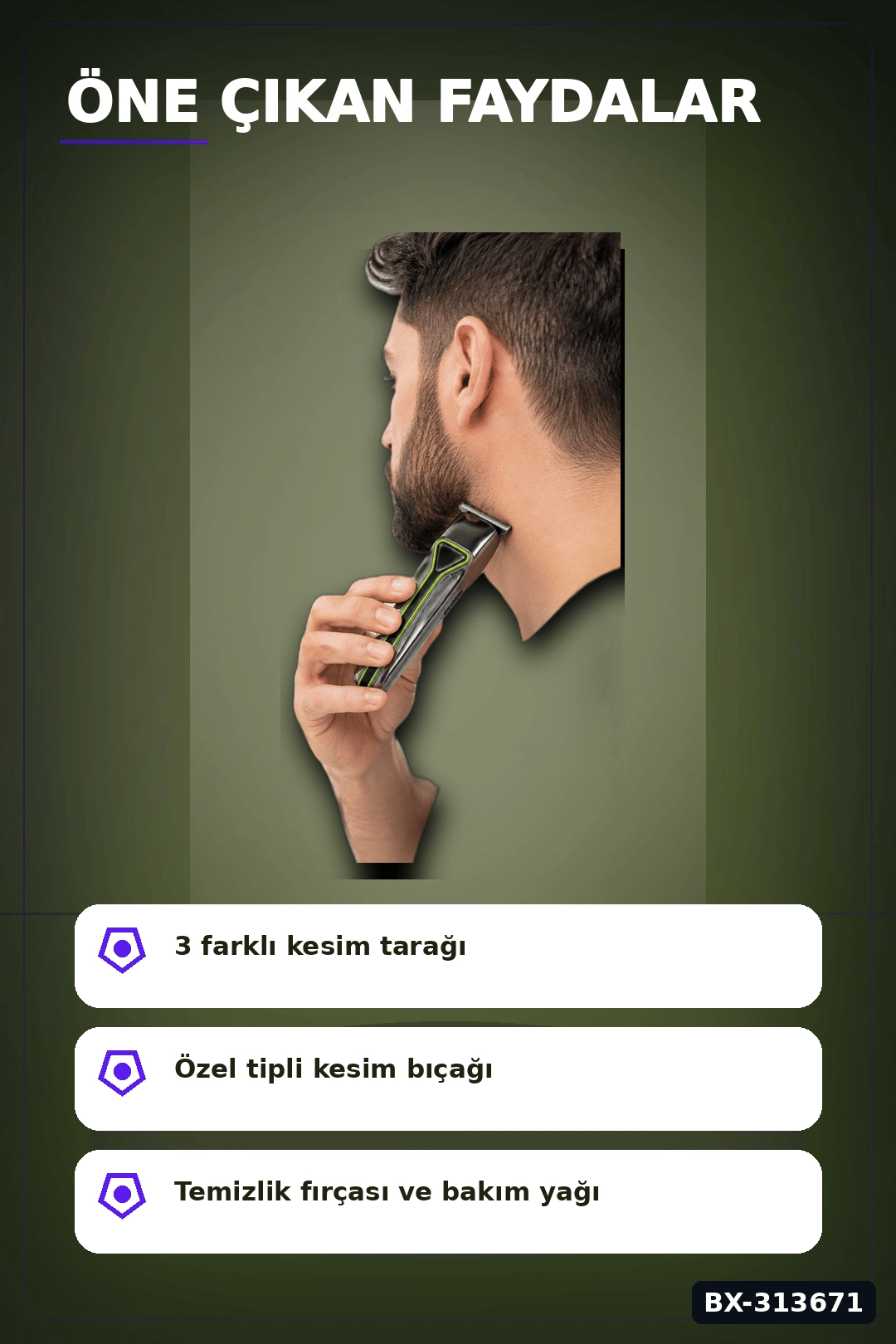 T Bıçaklı Şarjlı Saç Sakal Tıraş Makinesi 3 Taraklı Kablosuz Erkek Bakım Seti BX-313671