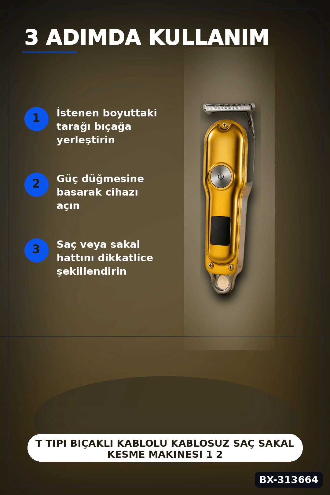 T Tipi Bıçaklı Kablolu Kablosuz Saç Sakal Kesme Makinesi 1 2 3 mm Tarak LED Ekran Turbo BX-313664