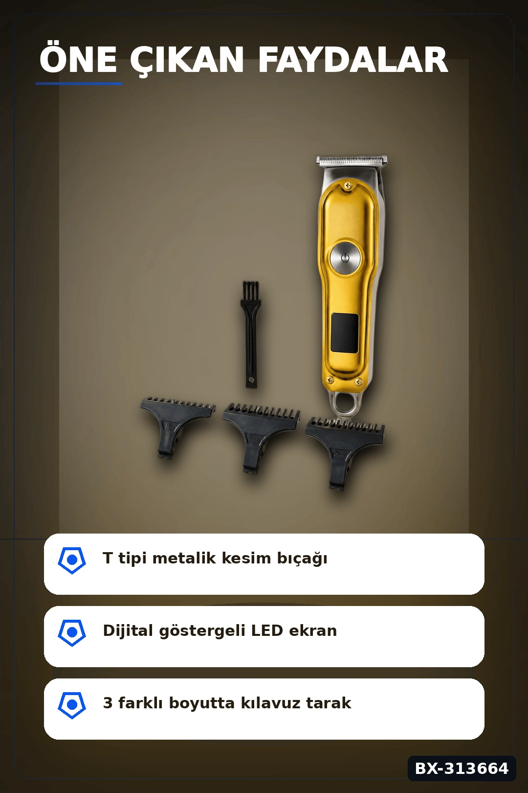 T Tipi Bıçaklı Kablolu Kablosuz Saç Sakal Kesme Makinesi 1 2 3 mm Tarak LED Ekran Turbo BX-313664
