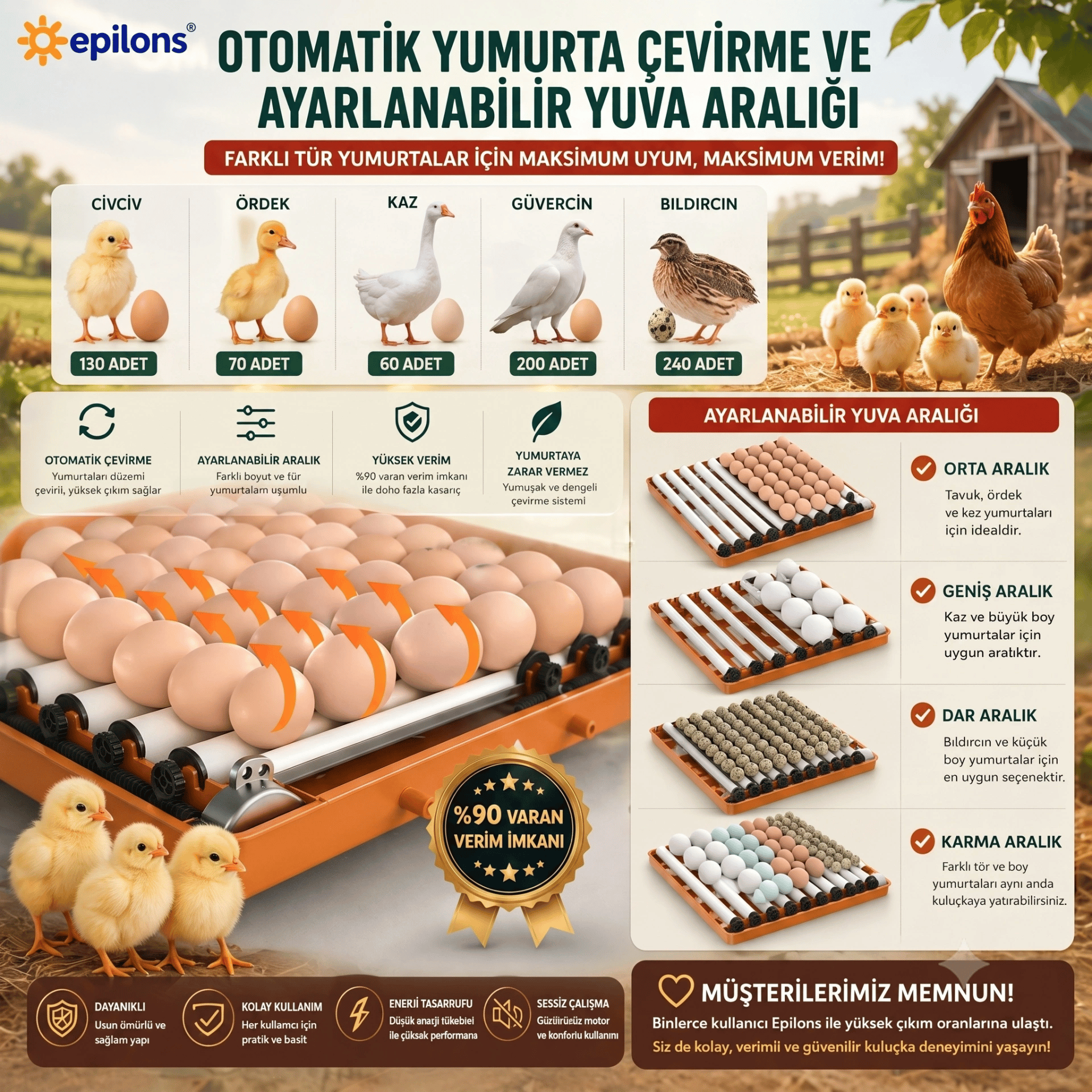 Tam Otomatik Kuluçka Makinesi 130 Yumurta Kapasiteli - Akıllı Isı ve Nem Kontrollü, Ayarlanabilir Viyol, Otomatik Su Sistemli