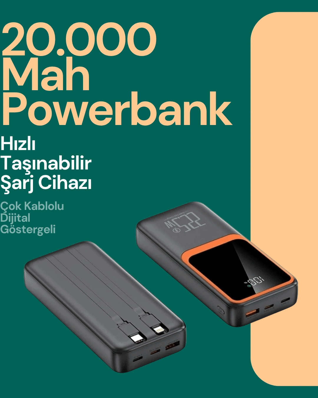 Taşınabilir Şarj Cihazı 20000 mAh | 22.5W Hızlı Şarj + Dijital Ekran + Kablo Dahil